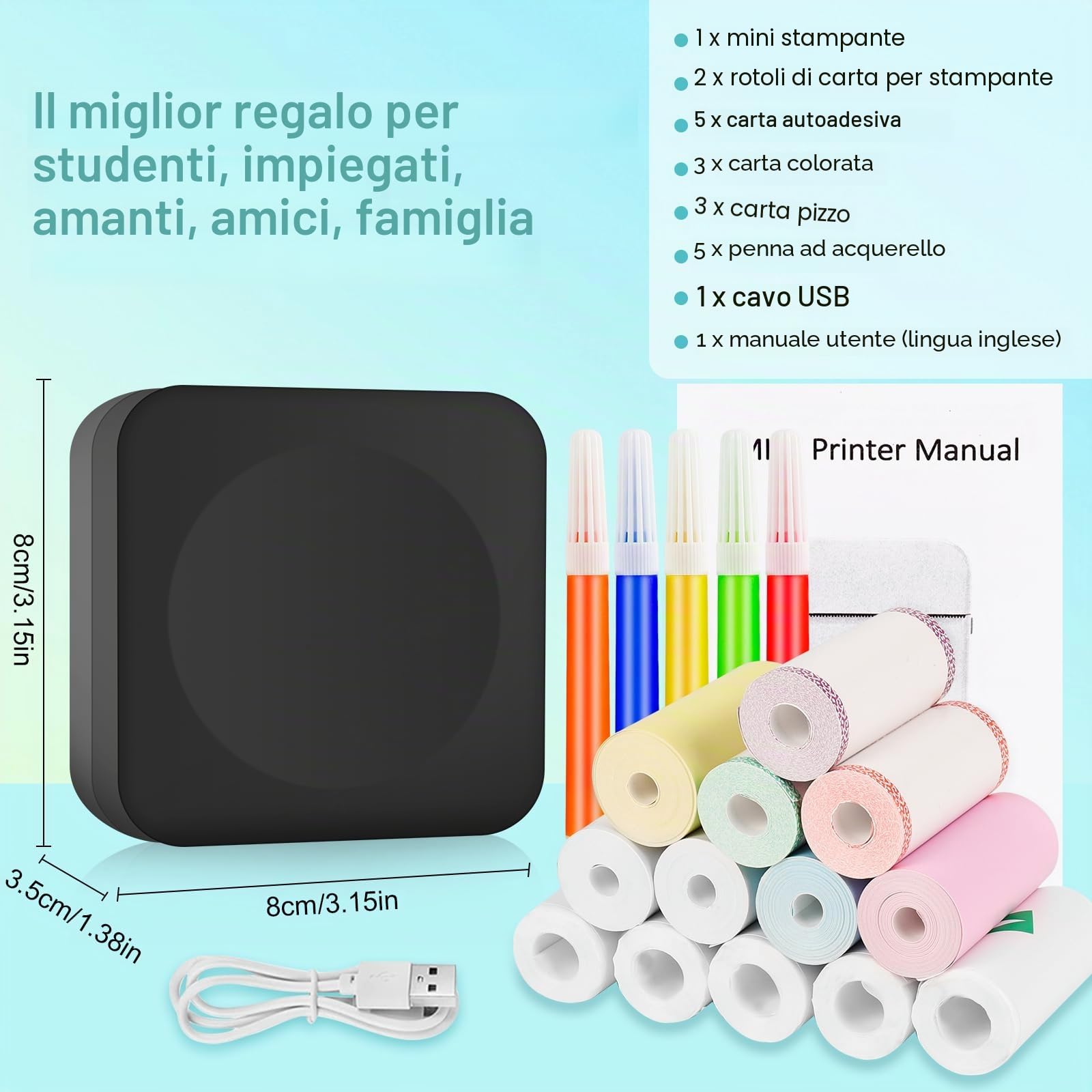 Mini Stampante Fotografica, Mini Stampante Termica,Stampante Fotografica Istantanea Portatile, Mini Stampante Termica Bluetooth con Ricarica USB Stampante, per Fotografica, Note, Diario, Elenco (Nero)