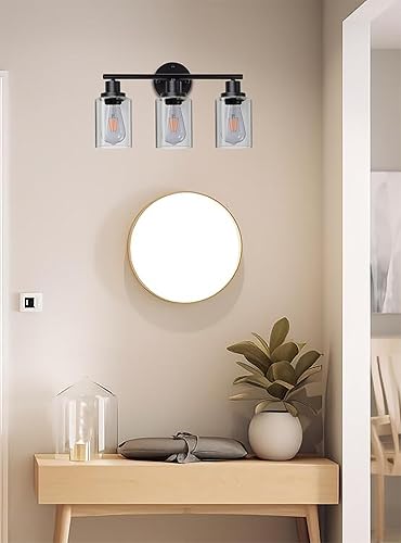 Miniatura 10 de Ldeco Luces de tocador de 3 luces para baño, lámpara de baño negra y dorada con pantalla de vidrio transparente de burbujas, luces modernas para
