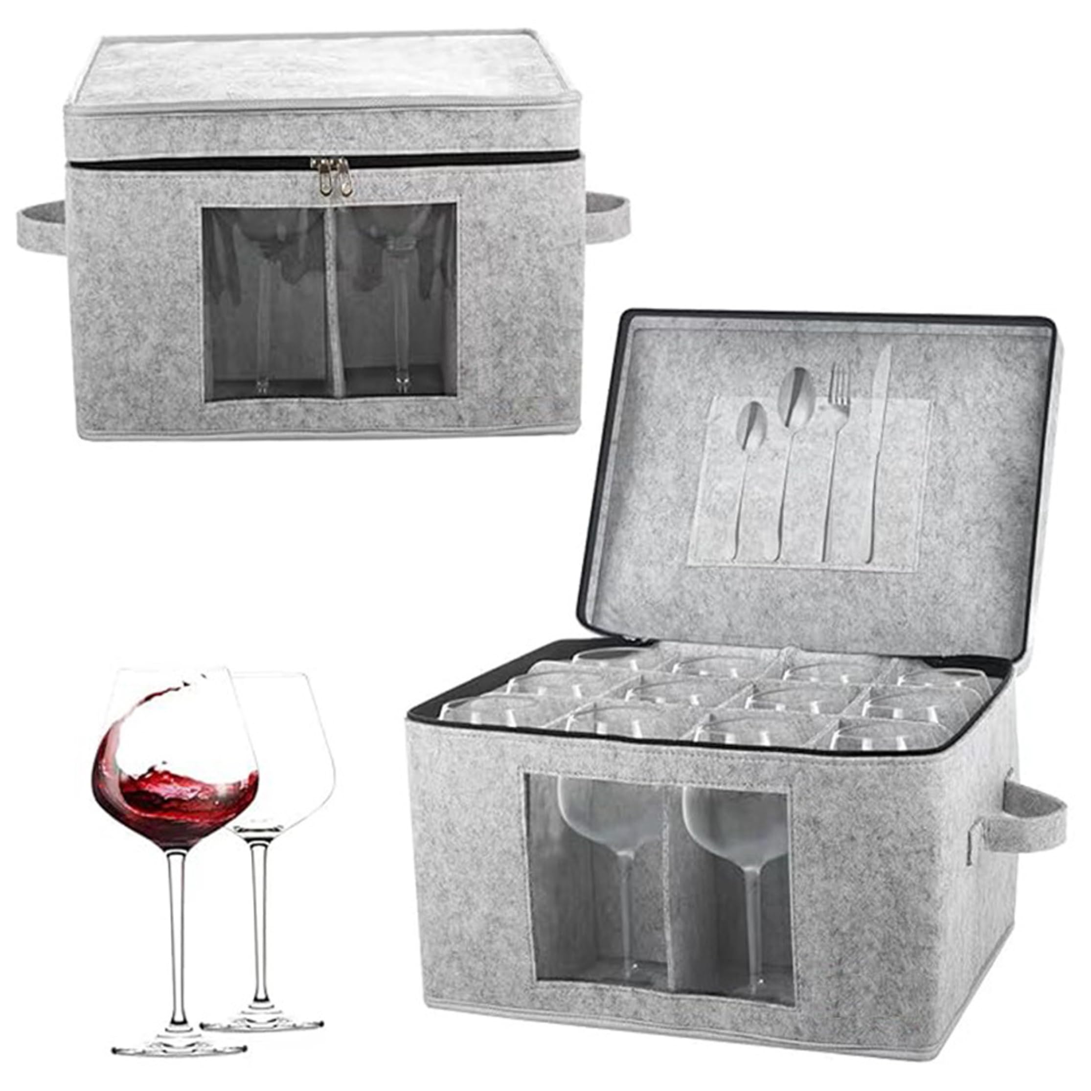 AwnsIMfreien Wine Glass Storage, 1-pack Wine Glass Storage Box, 12-compartment Felt Glassware Organizer With Handle & Clear Window, Foldable Gray, Box