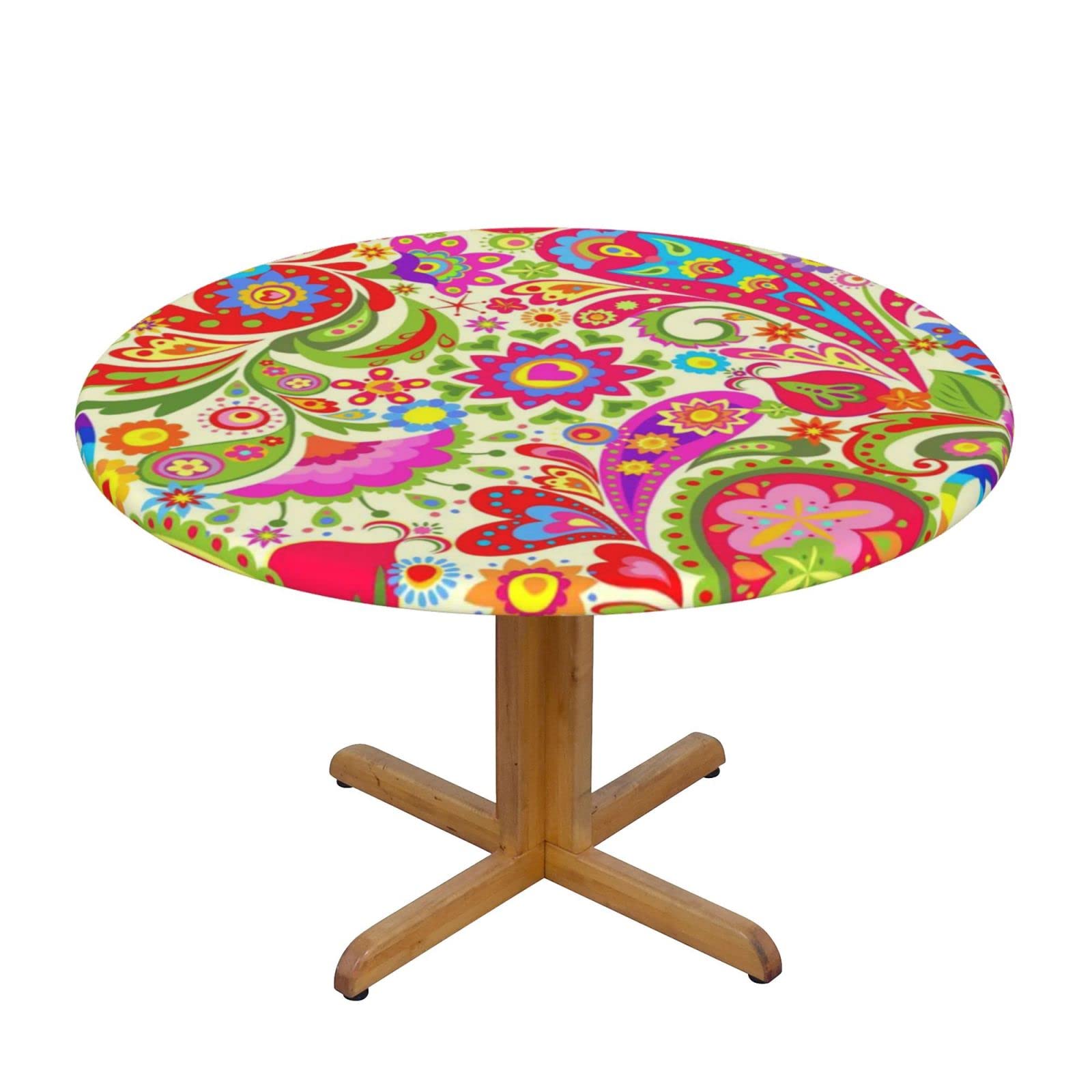Lsjuee Round Fitted Tablecloth 45-50in Elastic Edged Table Cloth for Kitchen Dining Party Home Decor - Colorful Paisley Bright Colorful