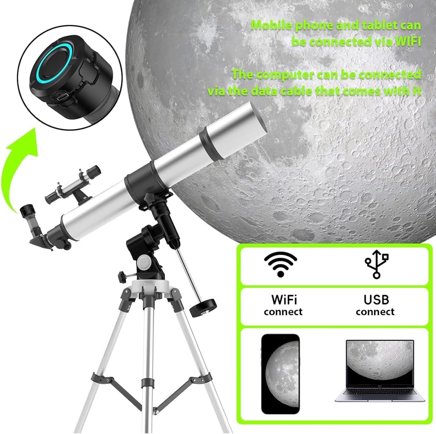 WiFi Telescope Camera Eyepiece, 5MP 4K Wireless Electronic Eyepiece for Astronomy & Birdwatching with 1600mAh Battery