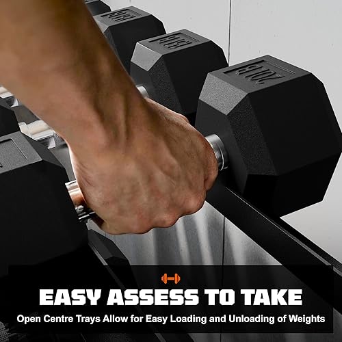 Miniatura 7 de Juegos de mancuernas con estante, mancuernas hexagonales de goma, 450550 libras, pesas de mano con mango cromado para entrenamiento de fuerza