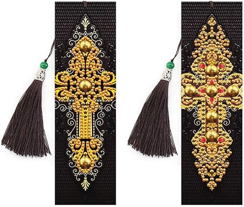 pigpigboss Juego de 2 marcapáginas de pintura de diamantes con cruz religiosa, marcapáginas de cuero con diamantes, marcapáginas de cruz dorada con
