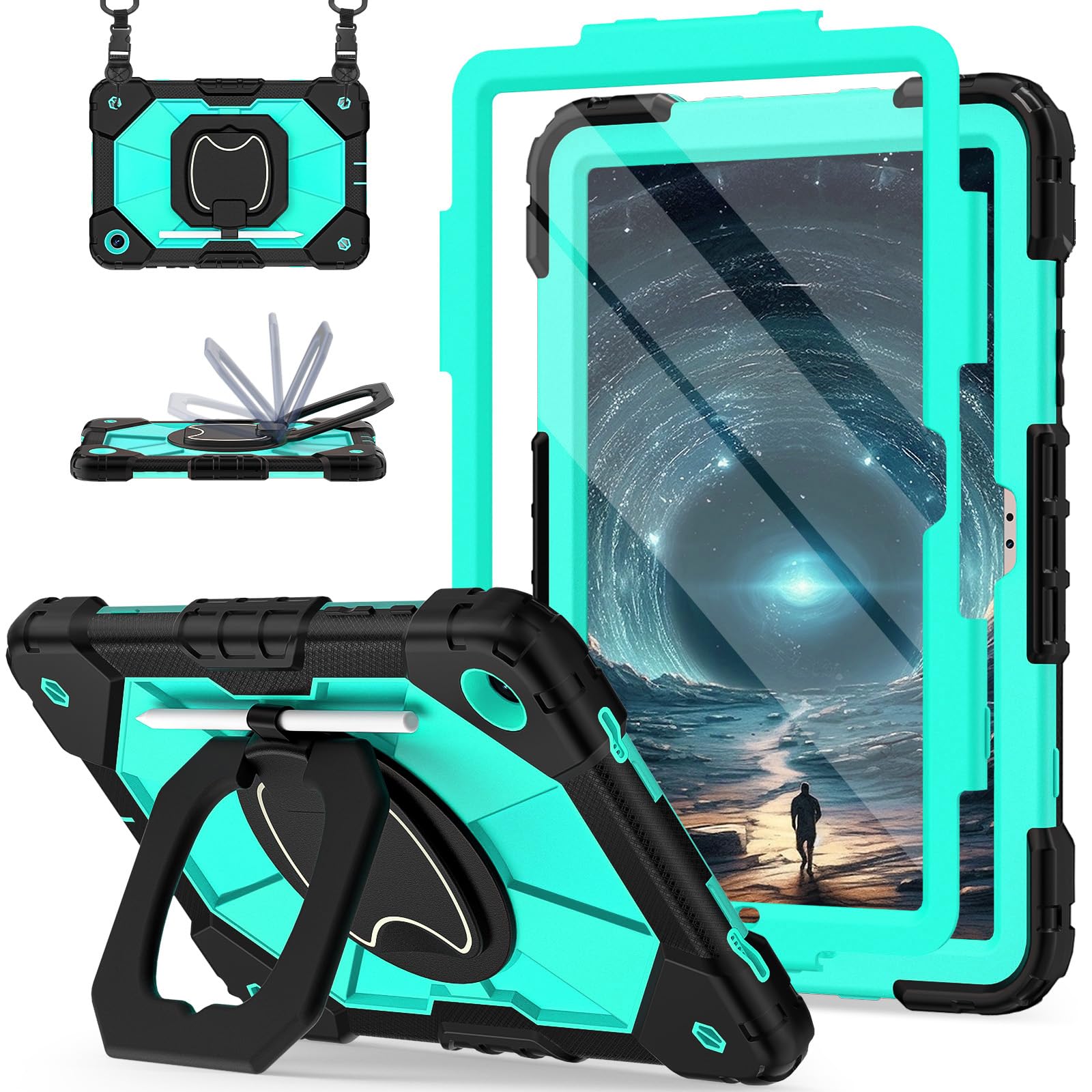 Scnioy Case for Galaxy Tab A9 Plus Case 11 Inch, Rugged Galaxy A9+ Tablet Case with Screen Protector 360 Rotating Stand Shoulder Strap Pen Holder,
