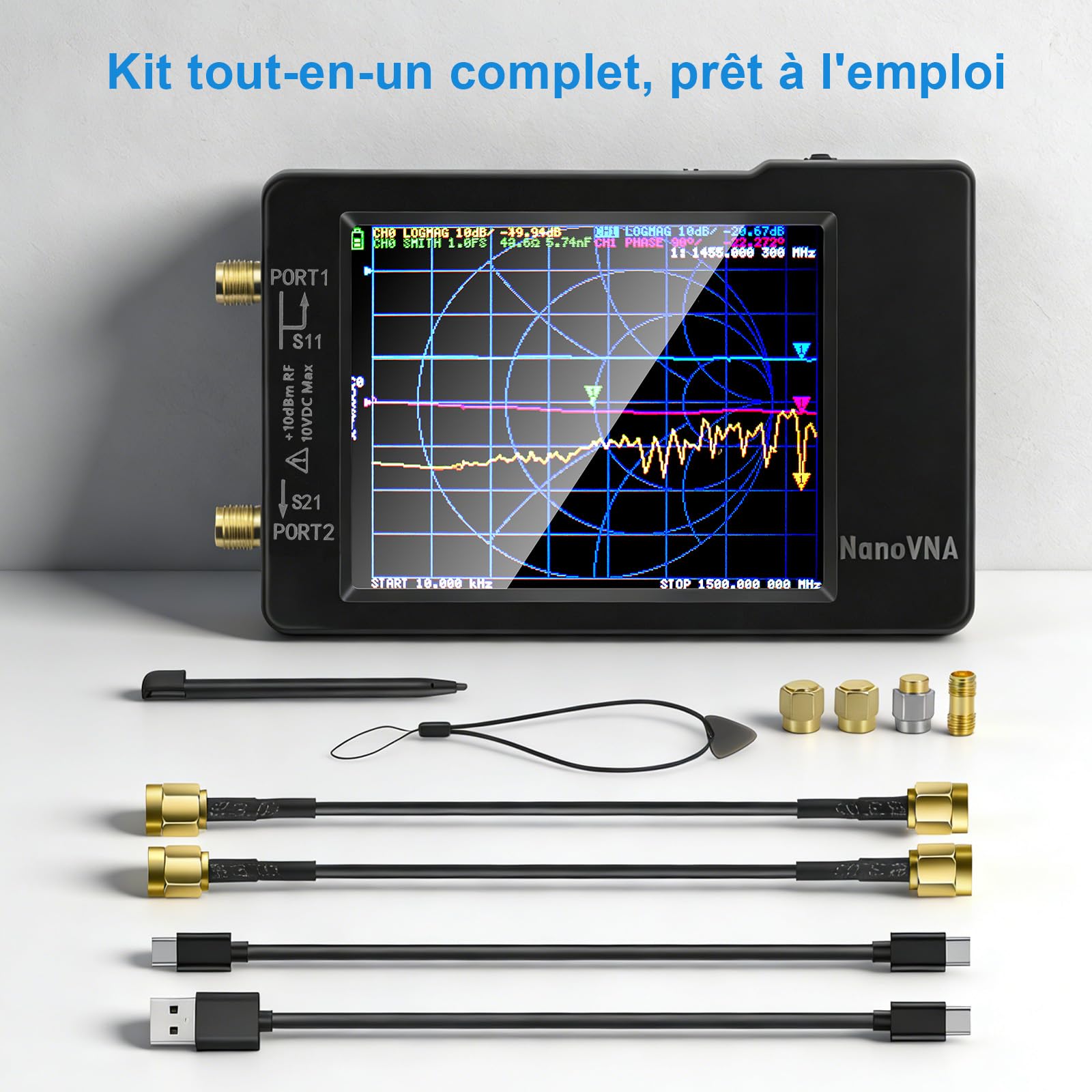 AURSINC Nanovna-H Analyseur réseau vectoriel 10 kHz - 1,5 GHz HF VHF UHF Analyseur d'antenne Mesure des paramètres S, Rapport d'onde Stationnaire de Tension, Retard, Table de Smith Version REV3.7