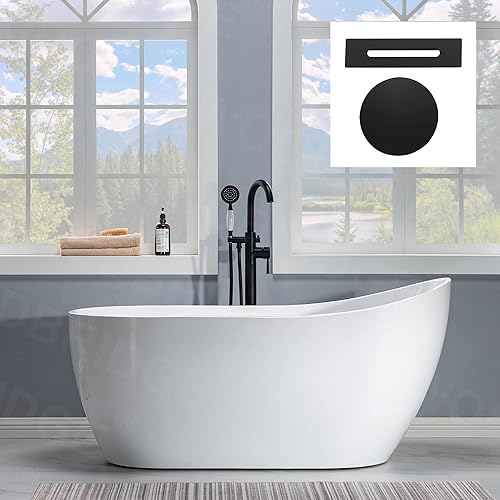 WOODBRIDGE 59" Acrylic Freestanding Bathtub Contemporary Soaking Tub with Matte Black Drain and Overflow