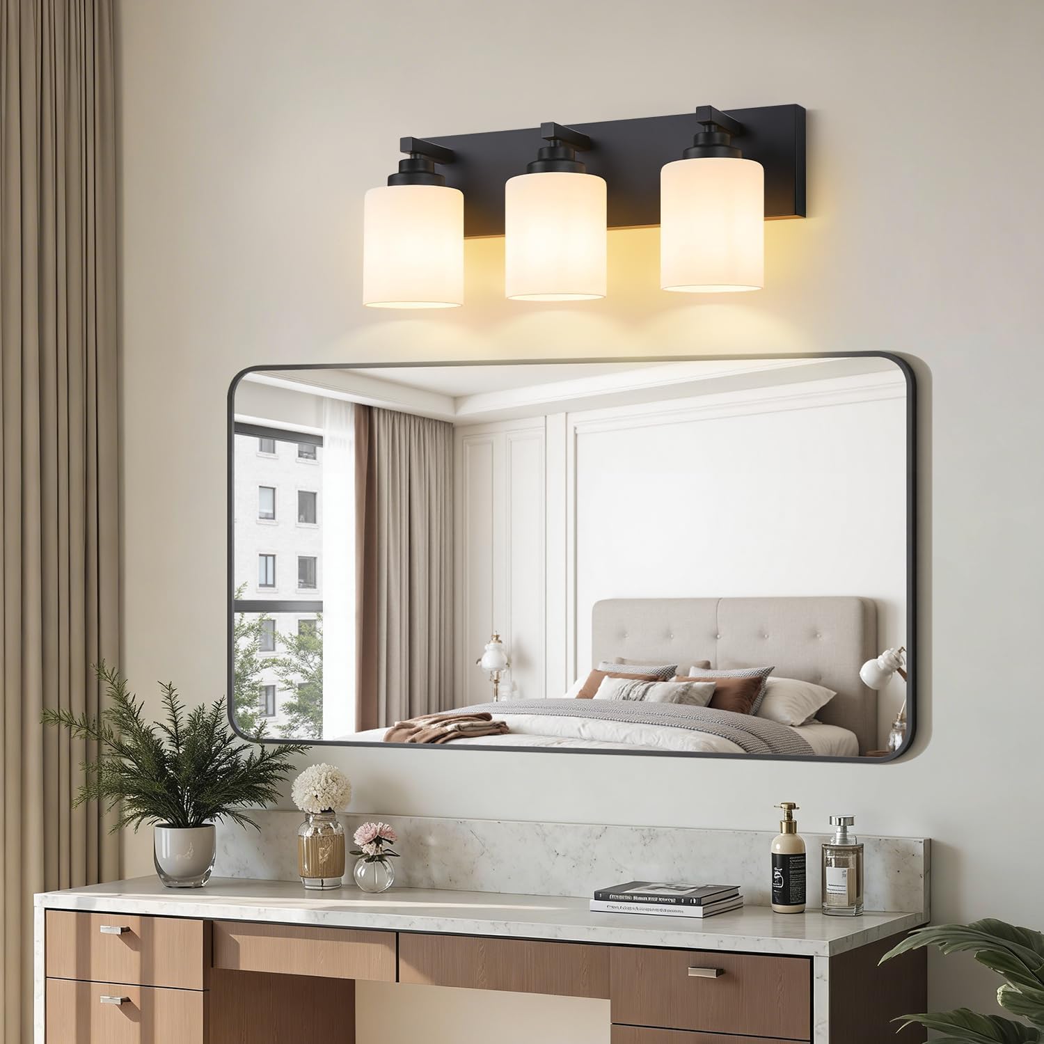 Vanity Lights for Bathroom, 3-Light Matte Black Bathroom Vanity Light Over Mirror with Milky White Glass Shades, Modern Bathroom Light Fixtures for Living Room Hallway Cabinet (Bulbs Not Included)