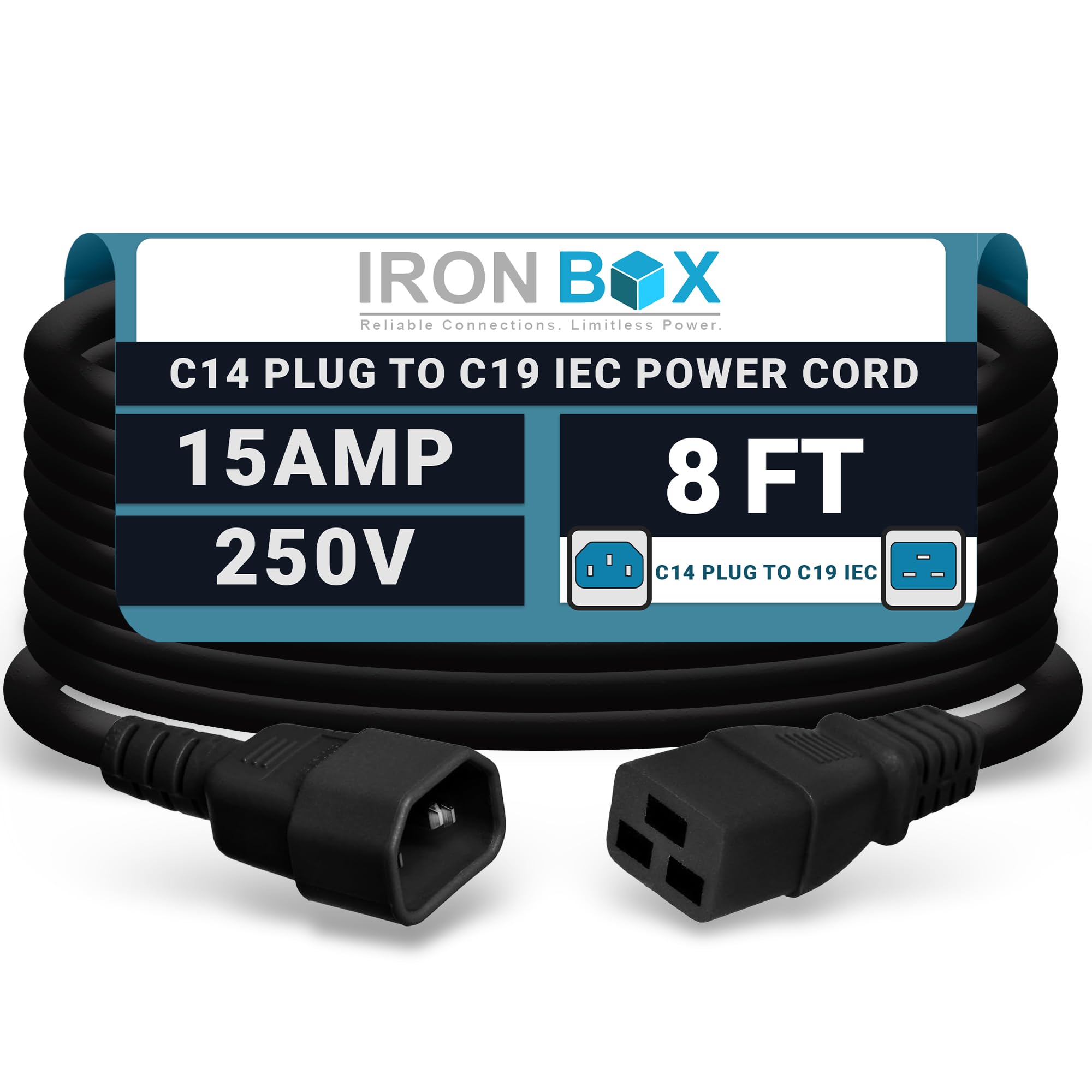 IronBox Electric - Heavy-Duty C14 to C19 Power Cord, 15A, 250V, 14/3 SJT - IEC60320 PC Cable for Computer Extensions, Monitor, PSU - C14 Male to C19 Female Connector Power Cable - (Black 8 Foot)