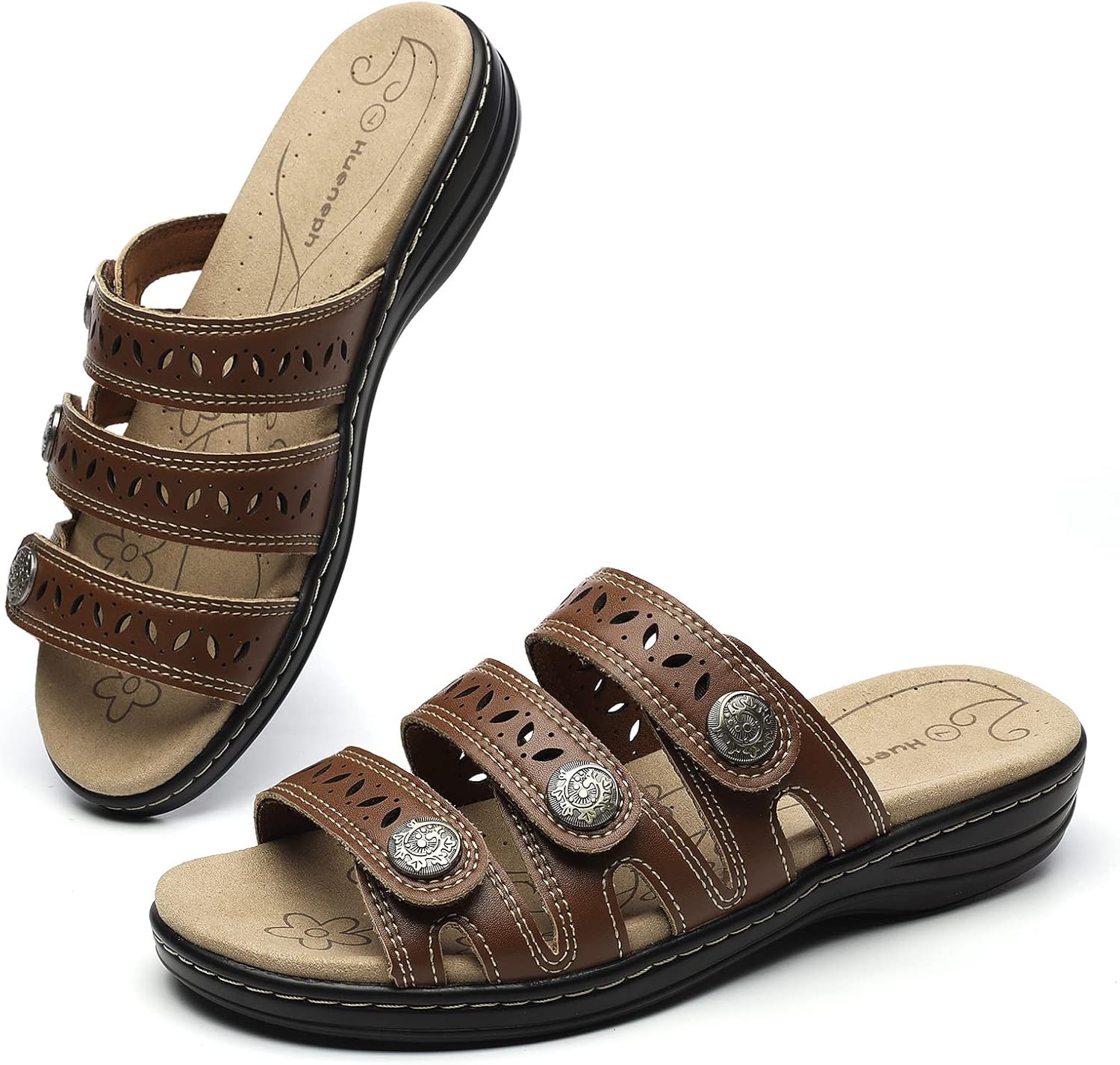 Women's Comfort Leather Slides Lightweight Flat Sandals Cute Slip On Casual Walking Slippers 10 Coffee image 8 of 9 B0BXLLC9S6