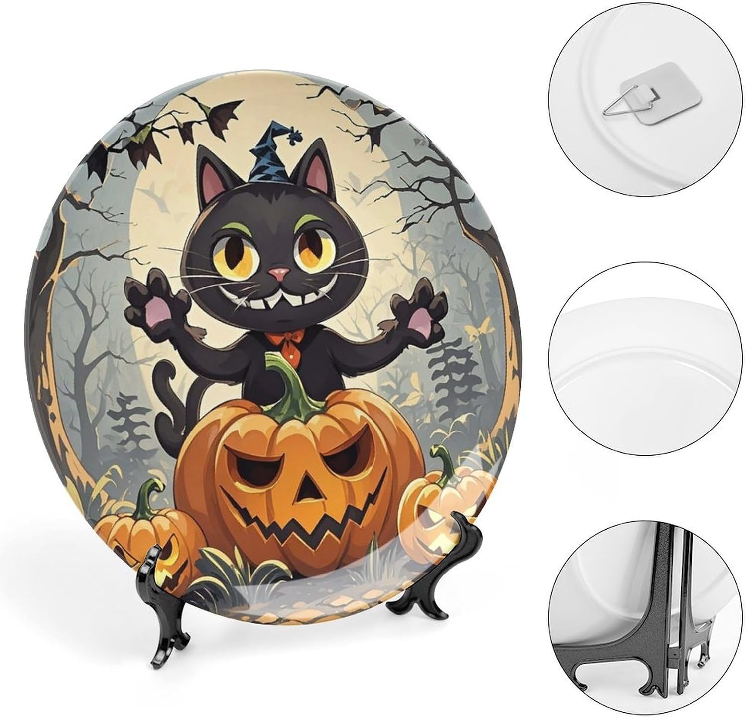 Evil Cat Ceramic Decorative Plate for Home, Bone China Plates | Chinese Style Decorative Dish with Stand, Dinner Plates Art Crafts for Wall Decor, Collections Plate with Hook 6inch
