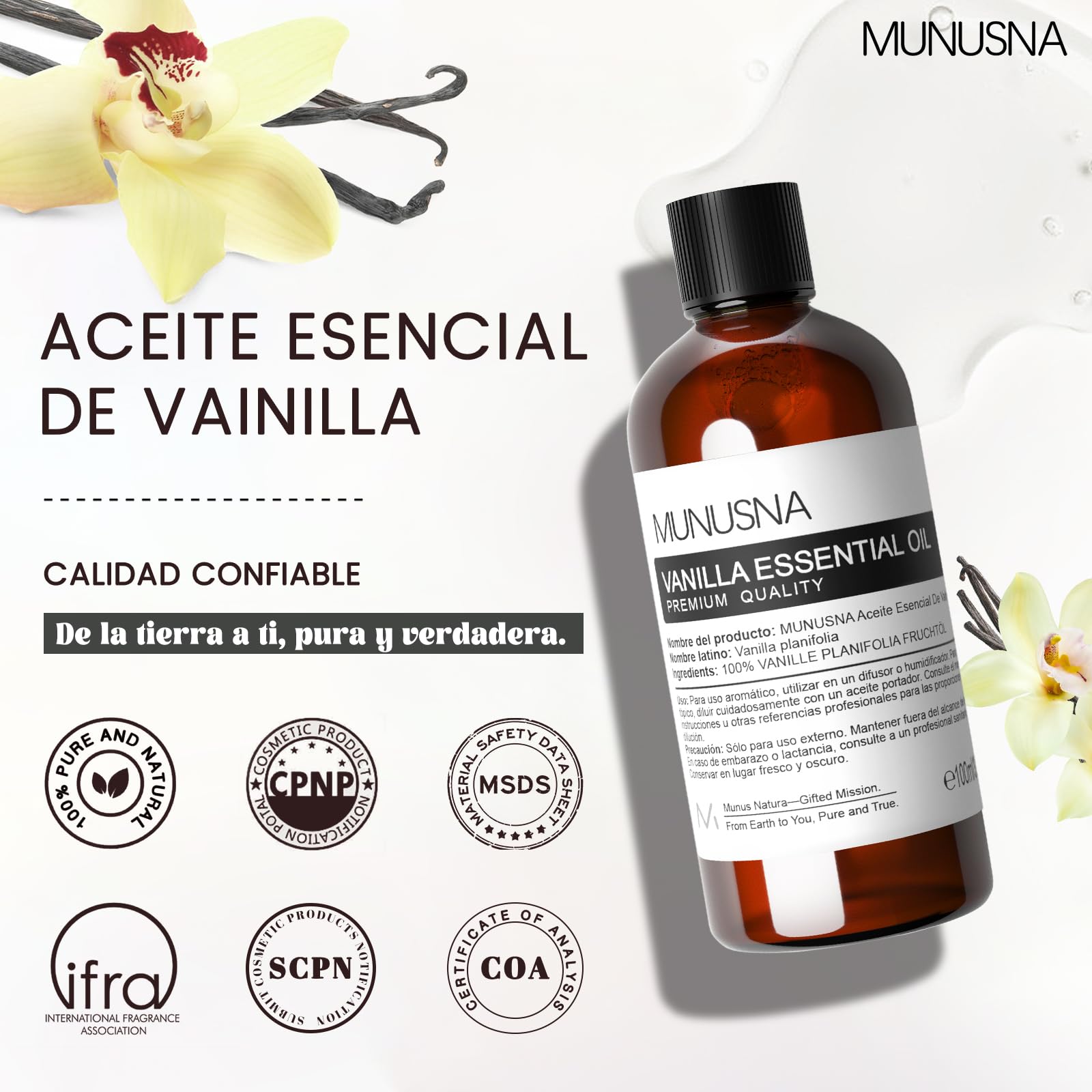 Aceite Esencial Vainilla 100ML, MUNUSNA Aceites Esenciales Naturales Puros para Humidificador Difusor, Aceite de Vainilla para Jabones de Bricolaje, Velas Aromas, Vanilla Oil — view 8