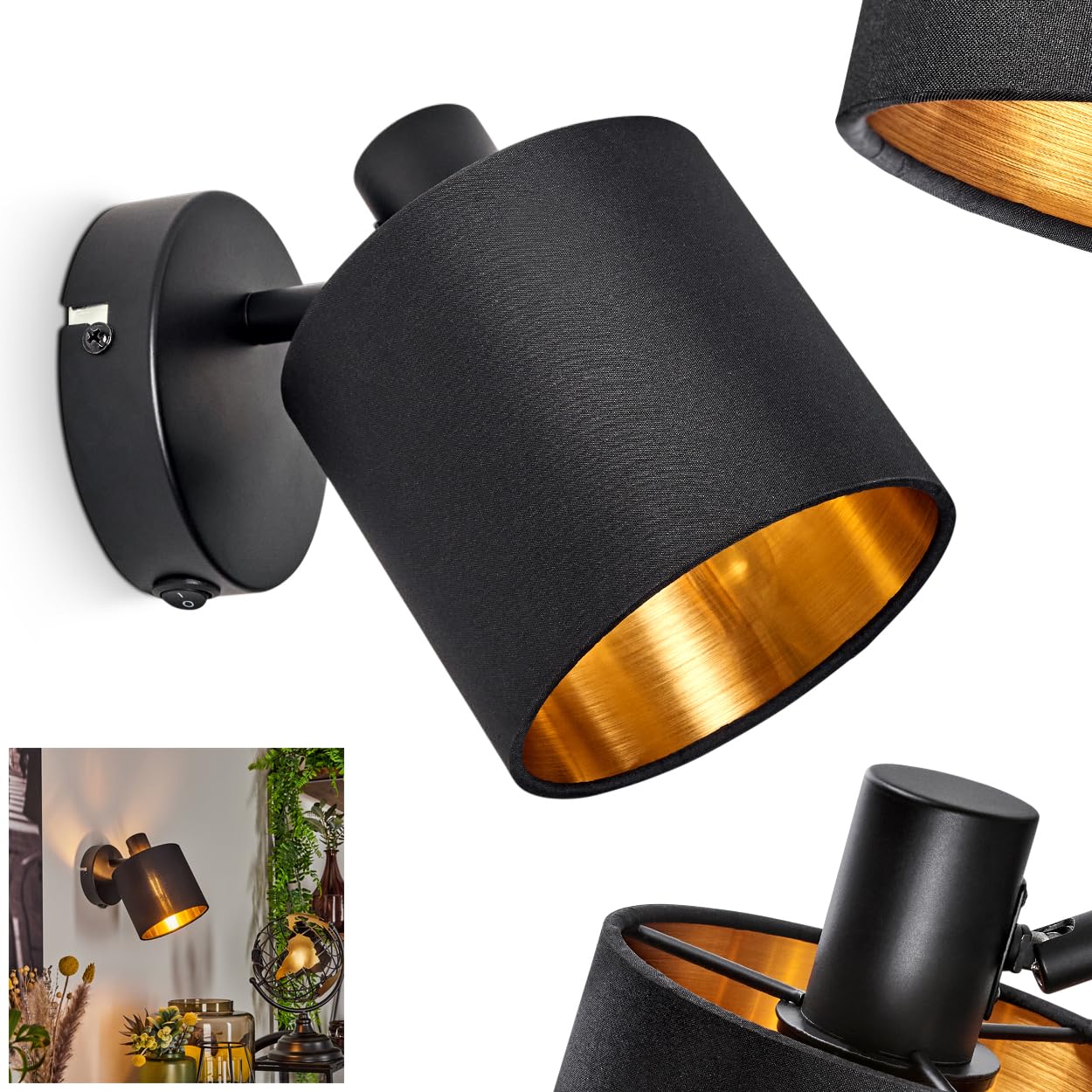 Wall lamp Alsen, Modern wall lamp Made of Metal/Fabric in Black/Gold Colour, wall spot with Fabric Shade (Γ 12 cm) in Retro/Vintage Design with on/Off Switch, 1-Flame, 1 x E14, Without Bulbs