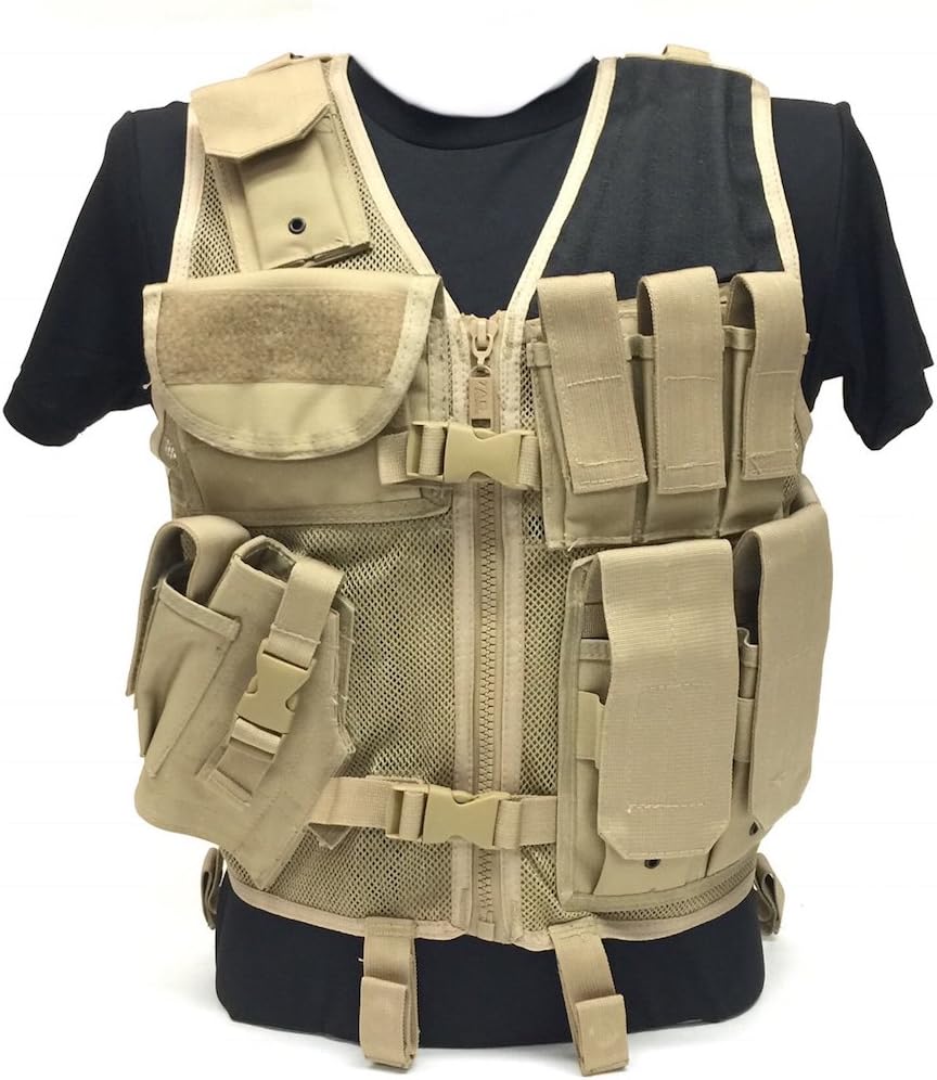 TAC Force Vest Cross Draw Holster/mag Vest, Left-hand - Tan, one size/left hand