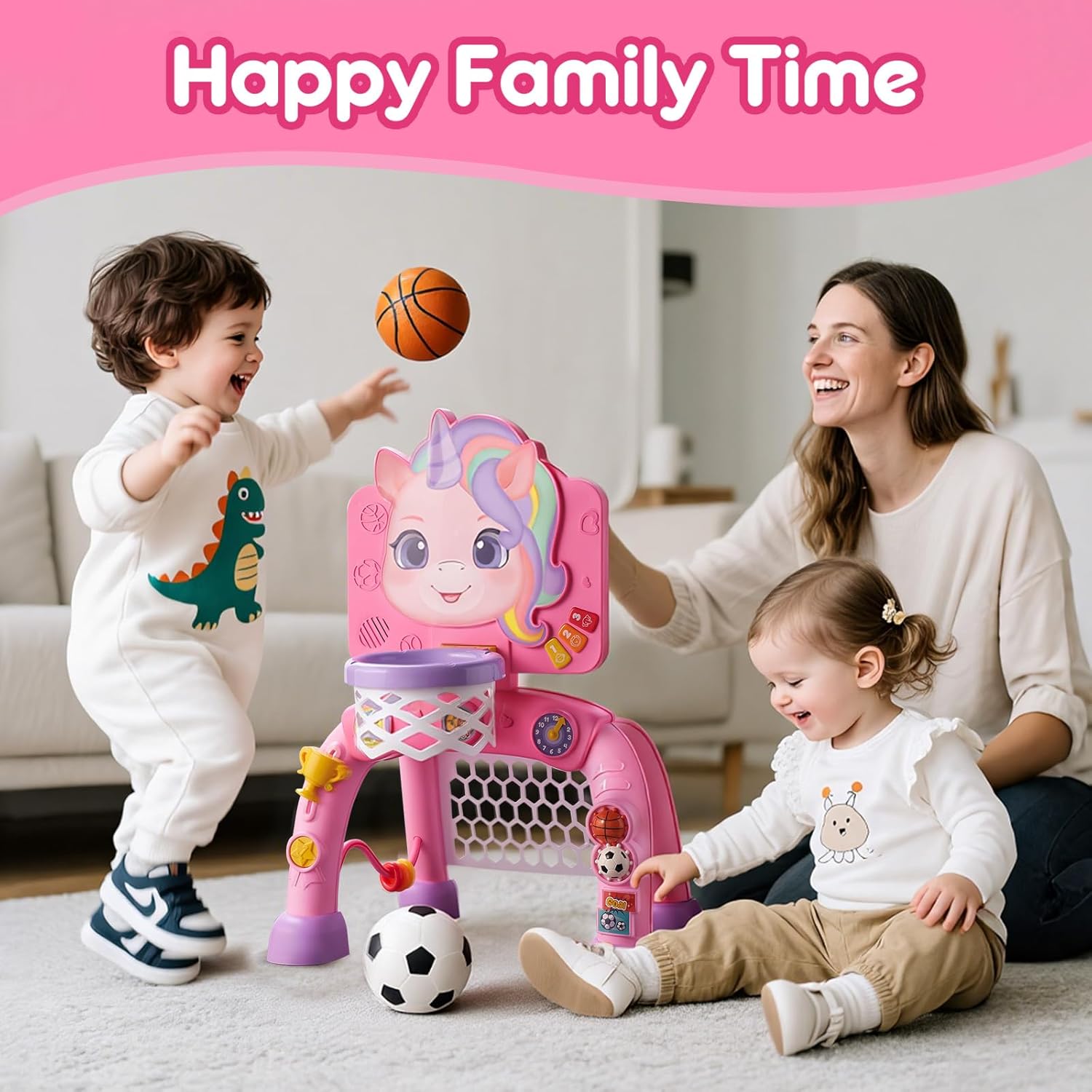 Toddler Basketball Hoop & Soccer Goal Activity Center, Interactive Toys with Light Music,Unicorn Toddlers Musical Toys Gift, Baby Birthday Easter Gifts Gift for 1 2 3 Year Old Boys Girls