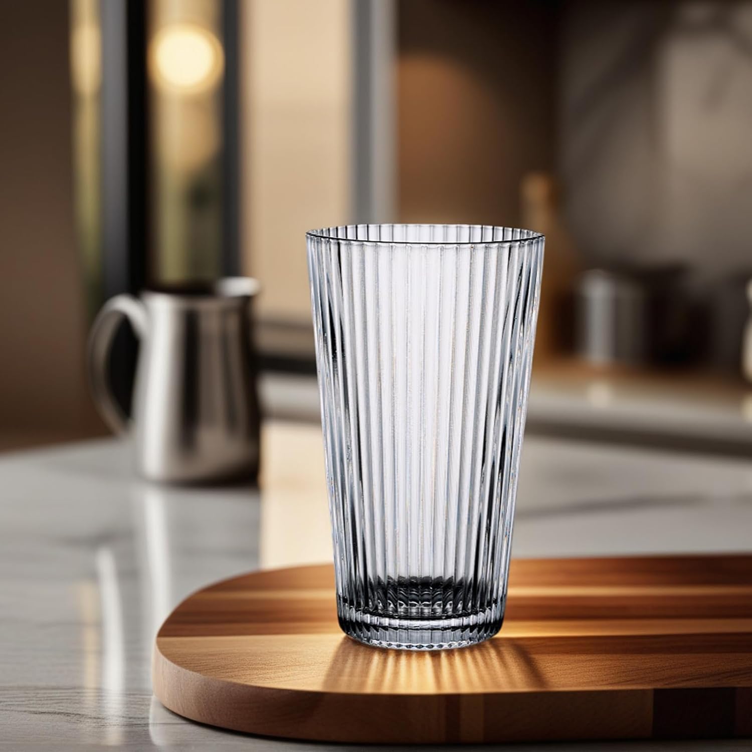Tall Water Tumbler Glassware Set of 4-16oz, Elegant Ribbed Textured, Stackable, For Smoothies, Iced Tea & Lemonade, Ideal for RV/Tiny Homes, Dishwasher Safe