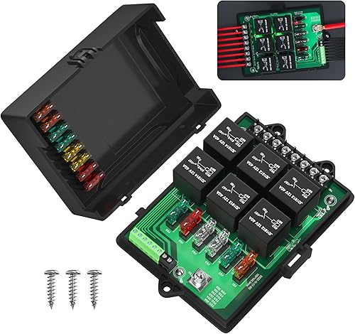 Joinfworld Caja de relés de fusibles, panel de fusibles universal automotriz de 12 V, con relés de 6 vías y 14 fusibles de cuchilla ATC/ATO, caja