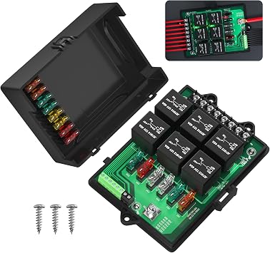Joinfworld Relay Box Fuse Relay Box 12V Automotive Universal Fuse Panel with 6 Way Relays and 14 x ATC/ATO Blade Fuses 12 Volt Fuse Box Waterproof with Led Light and Relay Module