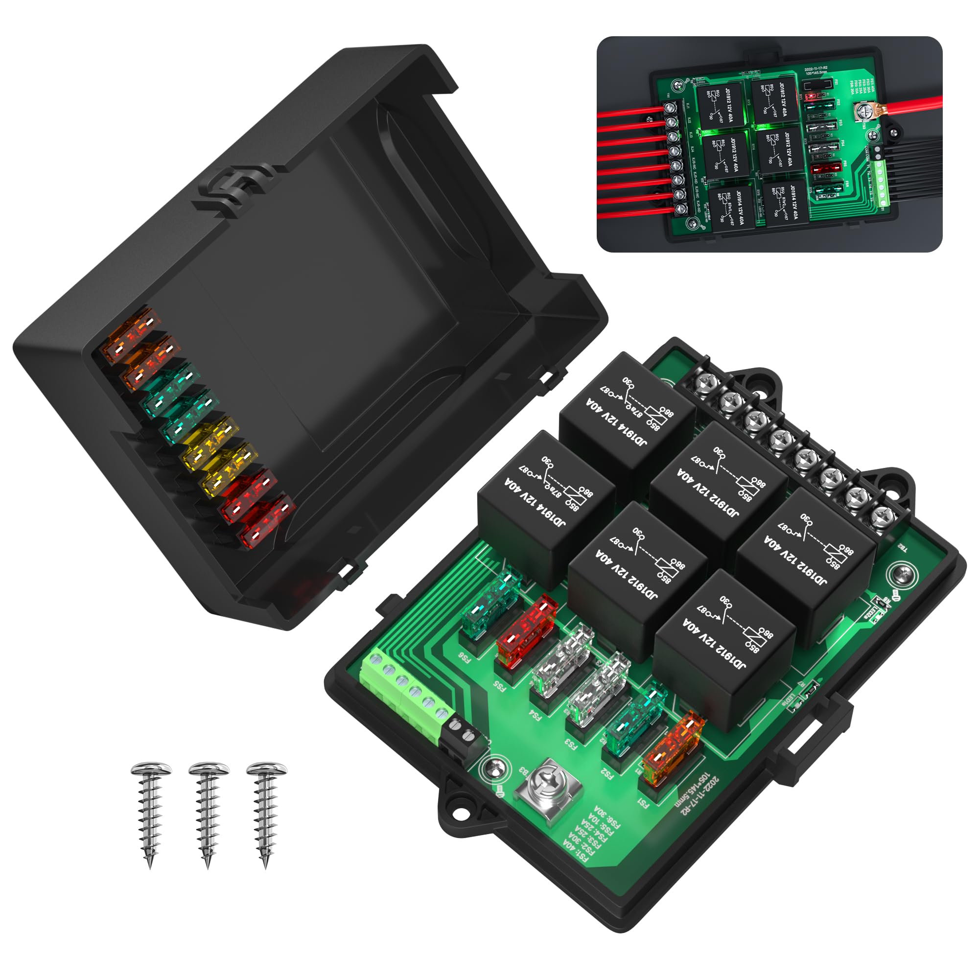 Joinfworld Scatola relè per fusibili 12 V, pannello fusibili universale per autoveicoli, con relè a 6 vie e 14 fusibili a lama ATC/ATO, scatola dei fusibili da 12 Volt, impermeabile, con luce a LED e