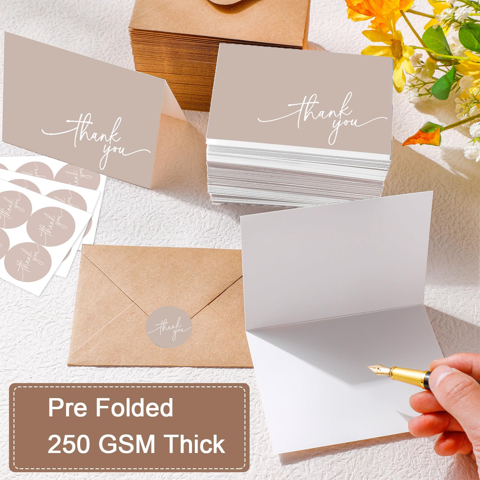 Gueevin Lot de 200 cartes de remerciement avec enveloppes en kraft et autocollants, 8,9 x 12,7 cm, notes de remerciement vierges élégantes pour mariage, affaires, remise de diplôme, fête prénatale