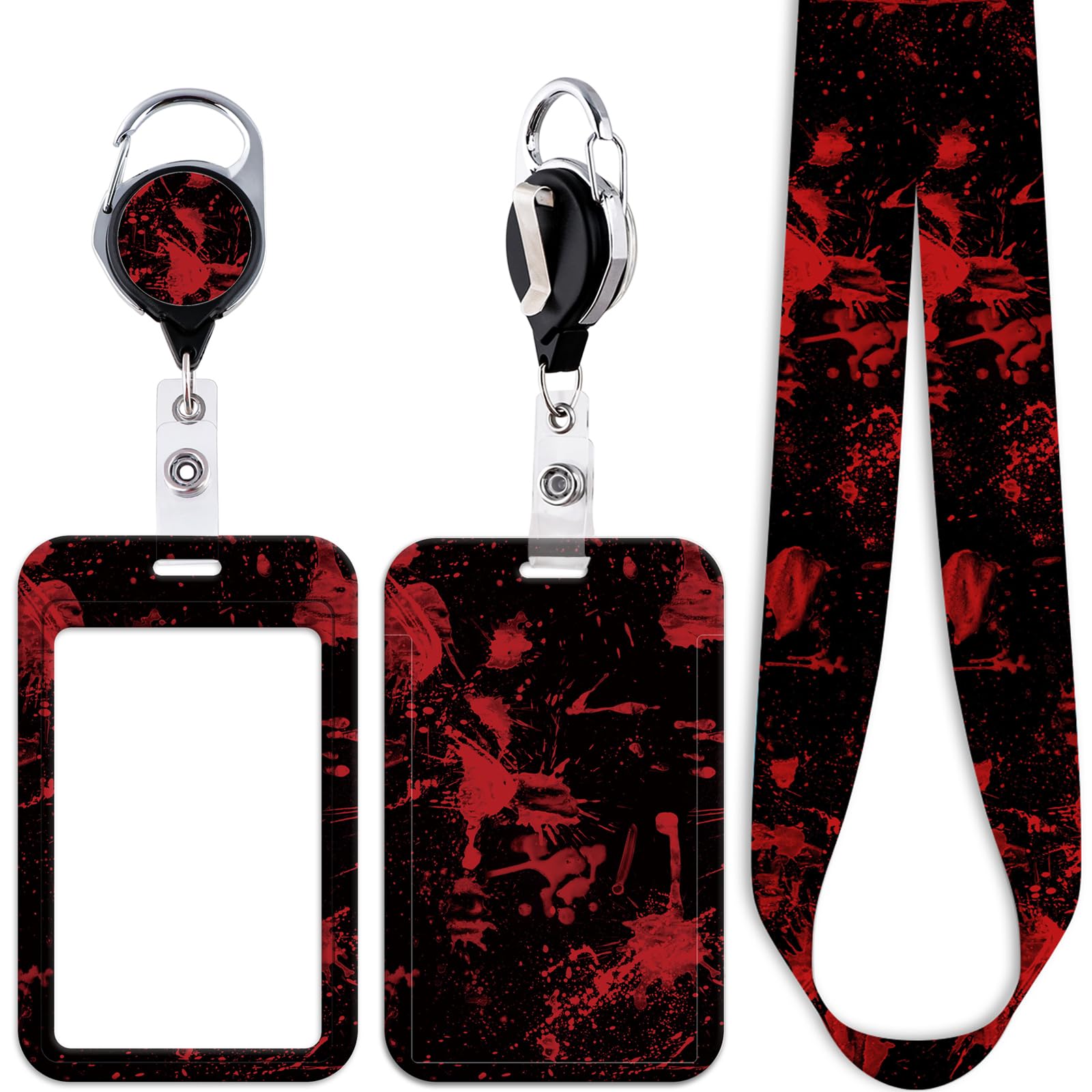 Juanooo Red & Black ID Lanyard Card Holder & Retractable Badge Reel Clip Cool Goth Keychain for Keys ID Badges for Women Men Teens Horror Halloween Blood Key Lanyard ID Holder