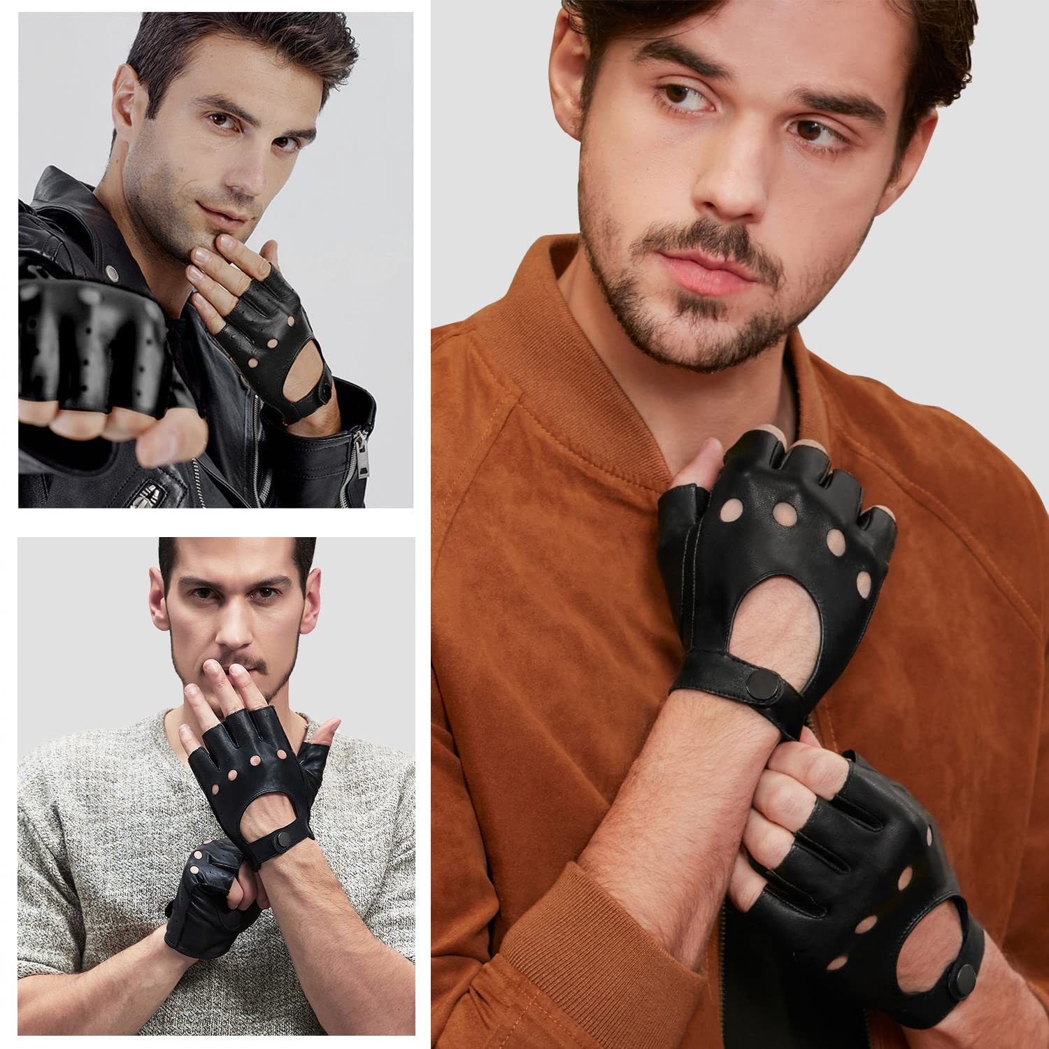 Men's Fingerless Leather Motorcycle Gloves - Carbon Fiber Knuckle Protection