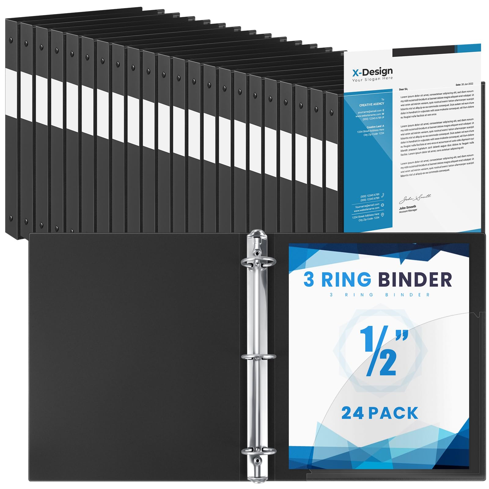 Henoyso 24 Pack 1/2 Inch 3 Ring Binder with Clear Cover Fit Letter Size 8.5" x 11" Paper Holds 140 Sheets, Bulk Binders for Organizing School, Office &amp; Classroom Documents, 1 Pocket (Black)