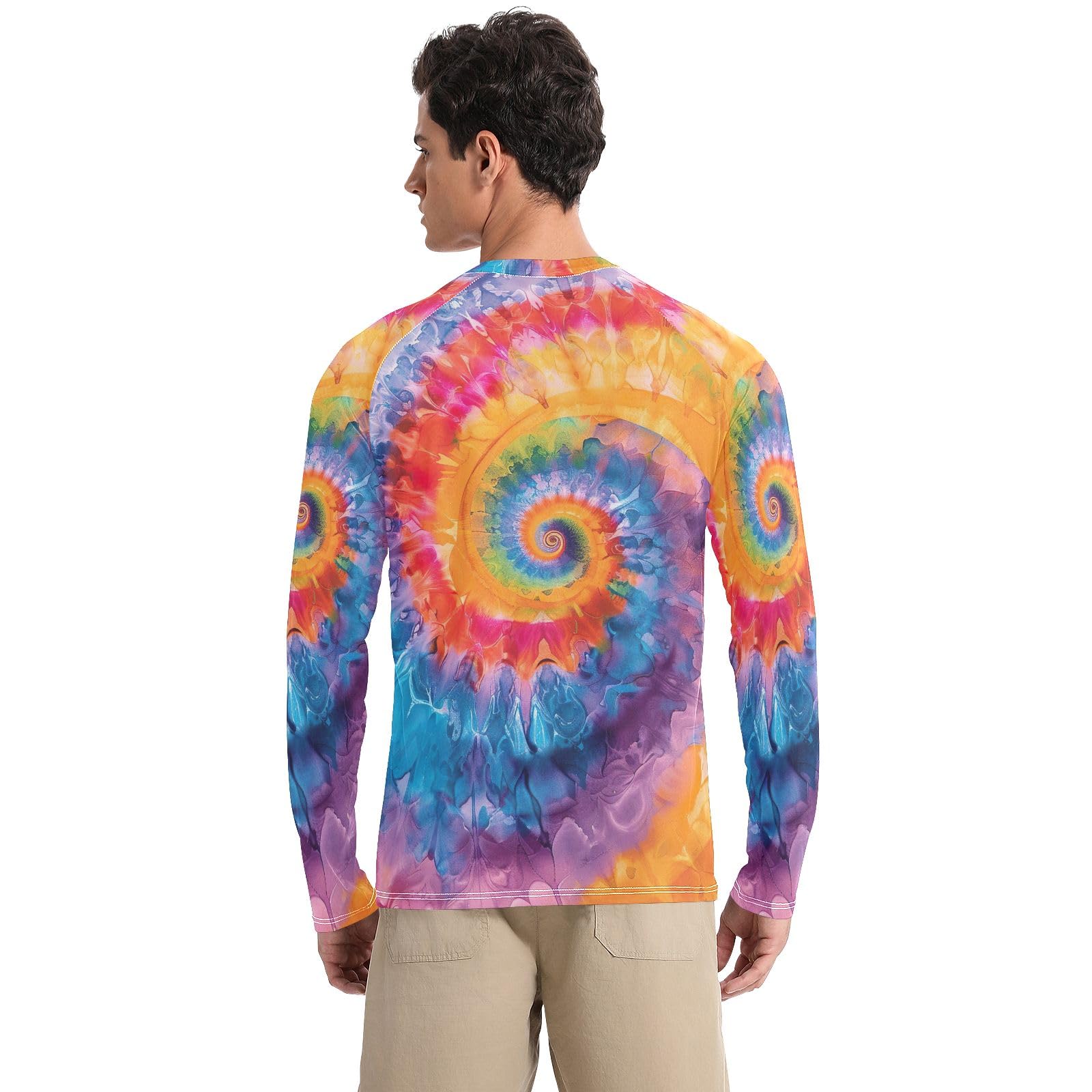 UPF 50+ Men's Rash Guard Long Sleeve Quick Dry Workout Shirts UV Sun Protection Sun Shirts, Tie Dye Colorful Spiral, Medium