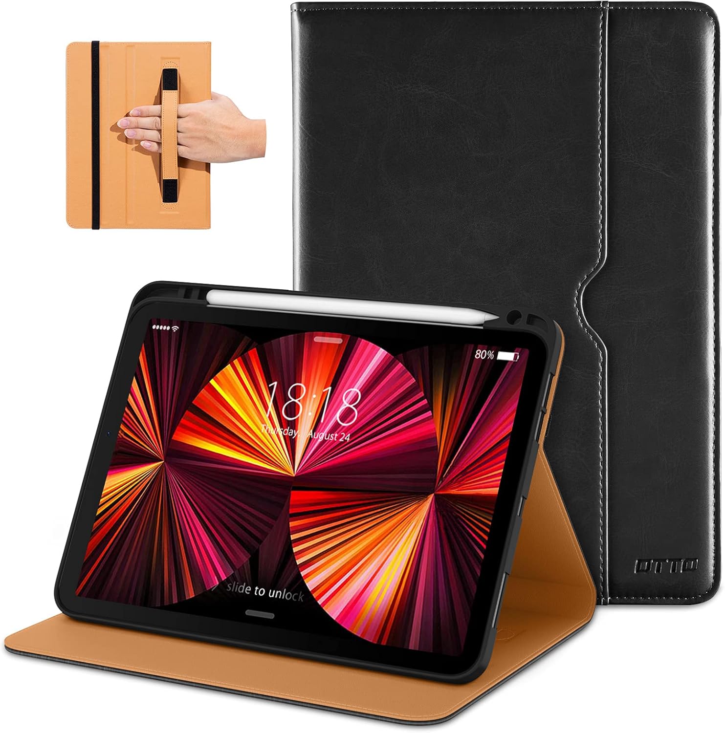 DTTO Case for iPad Pro 11 Inch 4th / 3rd / 2nd / 1st Generation 2022/2021/2020/2018,Premium PU Leather Folio Stand Cover with Hand Strap, Auto Wake/Sleep,Multiple Viewing Angles, Black