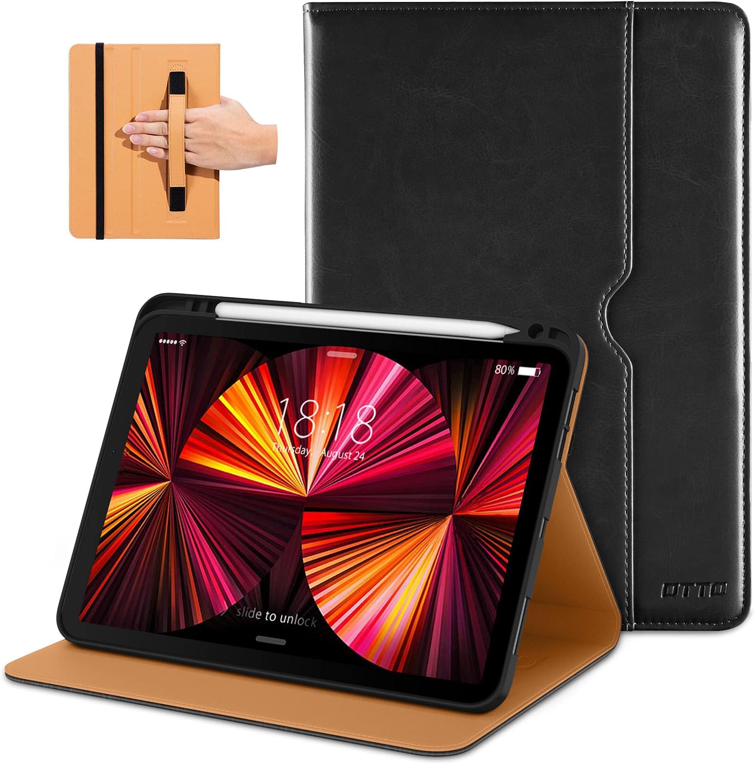 DTTO Case for iPad Pro 11 Inch 4th / 3rd / 2nd / 1st Generation 2022/2021/2020/2018,Premium PU Leather Folio Stand Cover with Hand Strap, Auto Wake/Sleep,Multiple Viewing Angles, Black