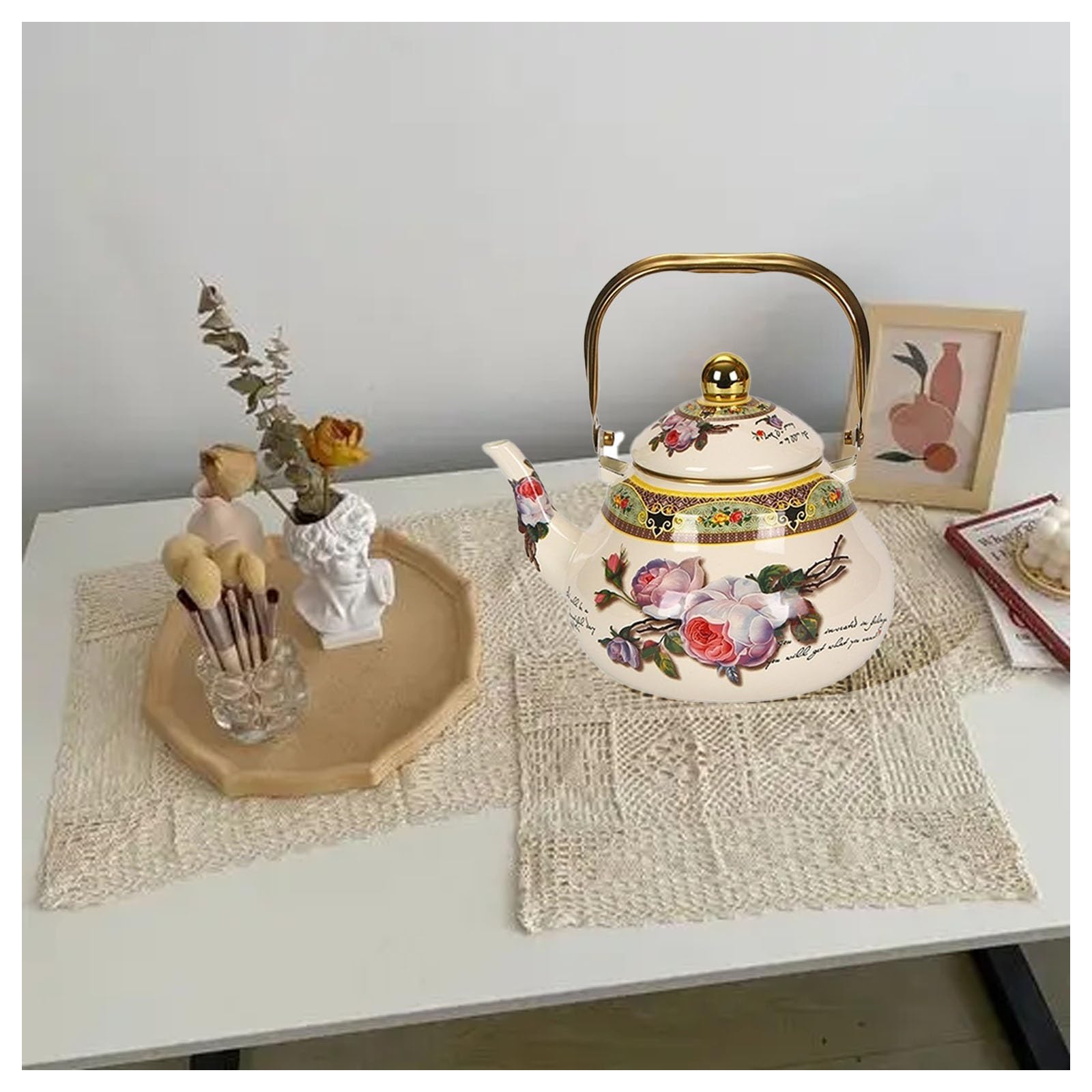 Vintage emaliowany czajniczek, kwiatowy gwizdający czajnik do kuchenek indukcyjnych i gazowych, antyczny dzbanek do kawy na gorącą wodę na kuchence, czajnik kuchenny