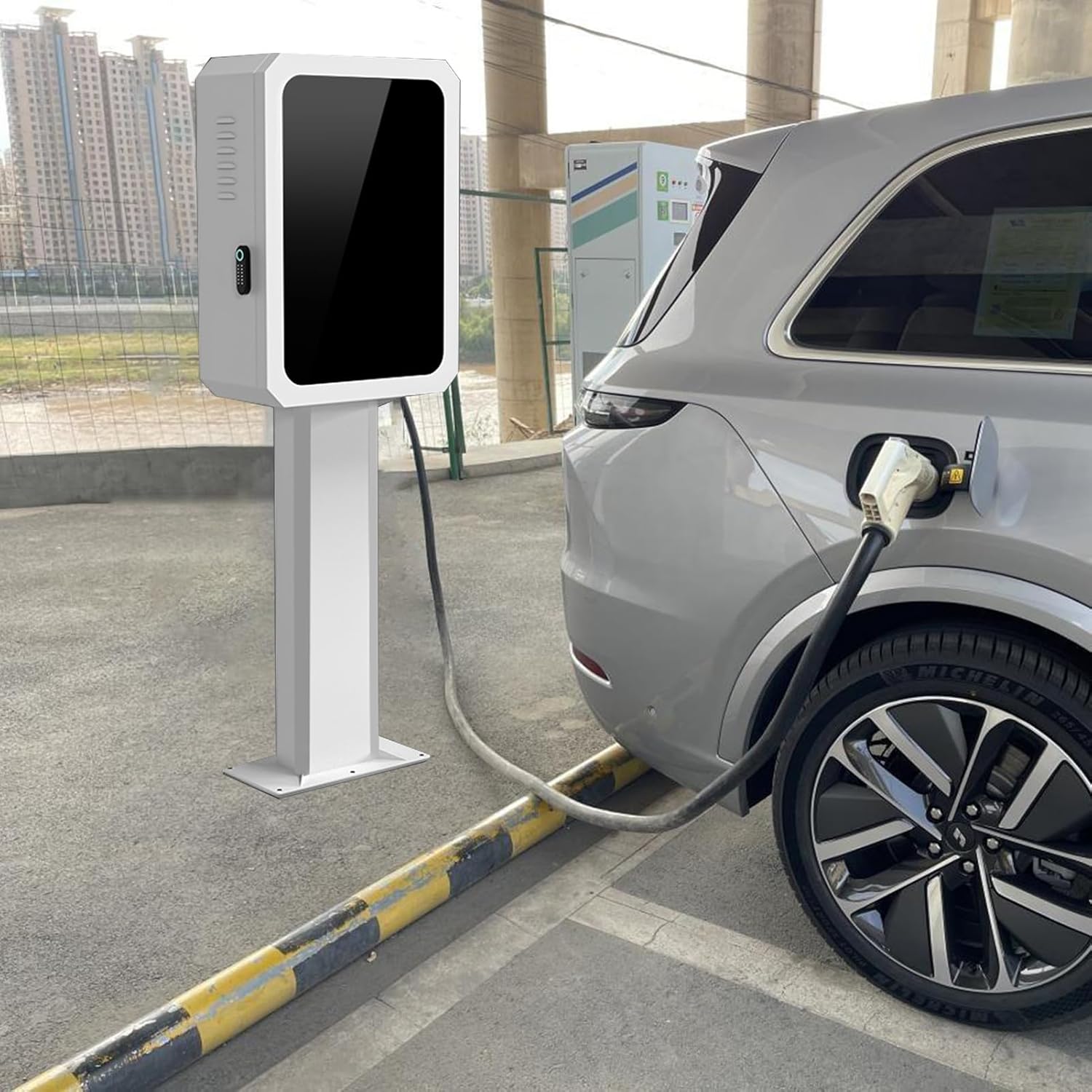 Outdoor EV Charging Stand for, Audi, BMW - Weatherproof Free-Standing Charger Holder Pole, Electric Vehicle Charging Station Mount, Durable & Secure Support (WHI