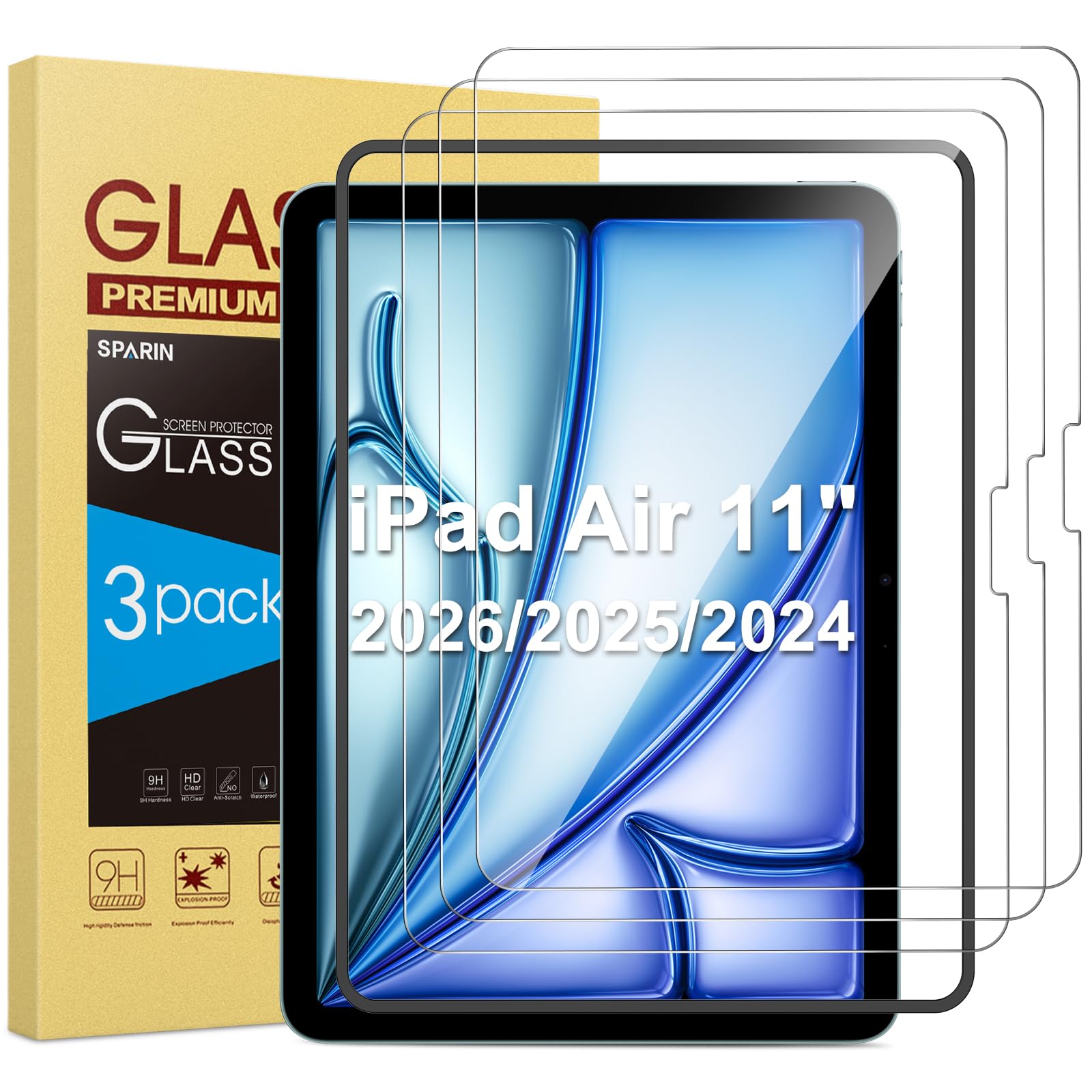 SPARIN 3 Stück für iPad Air 11 Zoll M4/M3/M2 (2026/2025/2024) Panzer Schutz Glas, Schutzfolie für iPad Air 8/7/6.Generation Folie mit Rahmen-Installationshilfe, 9H Härte Schutzglas