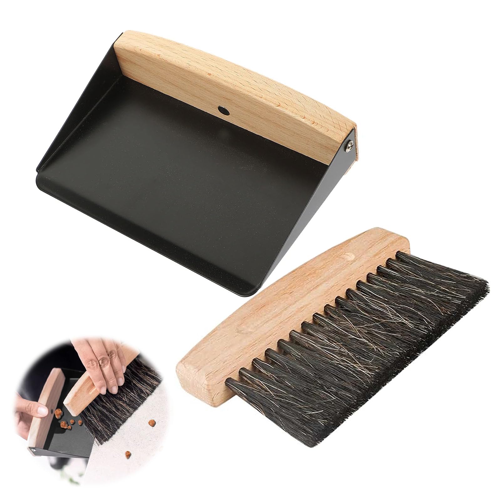 Small Dustpan and Brush Set, Portable Mini Broom, Mini Portable Dustpan Mini Wooden Table Brush for Sweeping Table Tabletop Countertop Desktop (Black)