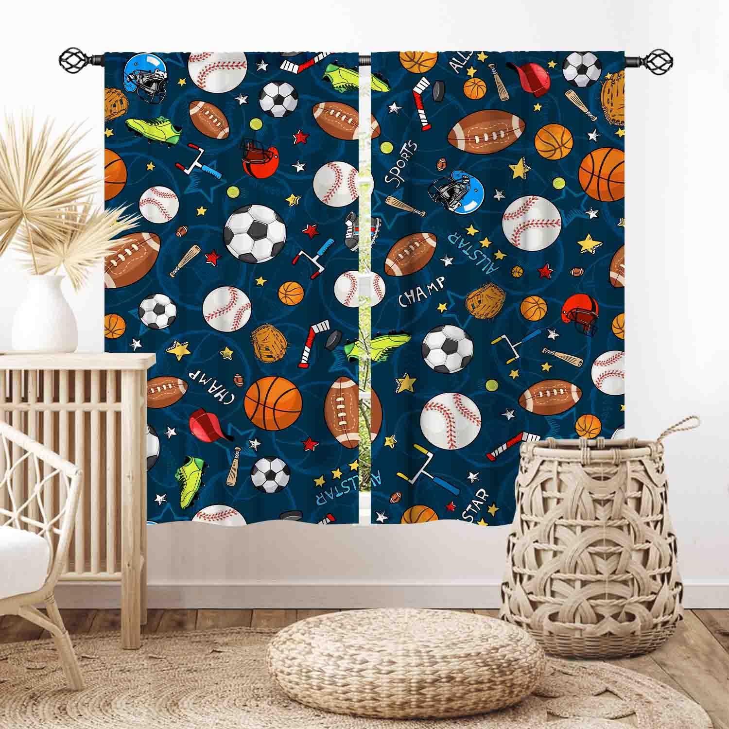 TKUYO Boys Curtains for Bedroom, Kids Basketball Soccer Football Baseball Sports Ball Game Navy Blue Blackout Window Drapery Treatments for Living Room Nursery Playroom 2 Panels, 84"x63" Inch