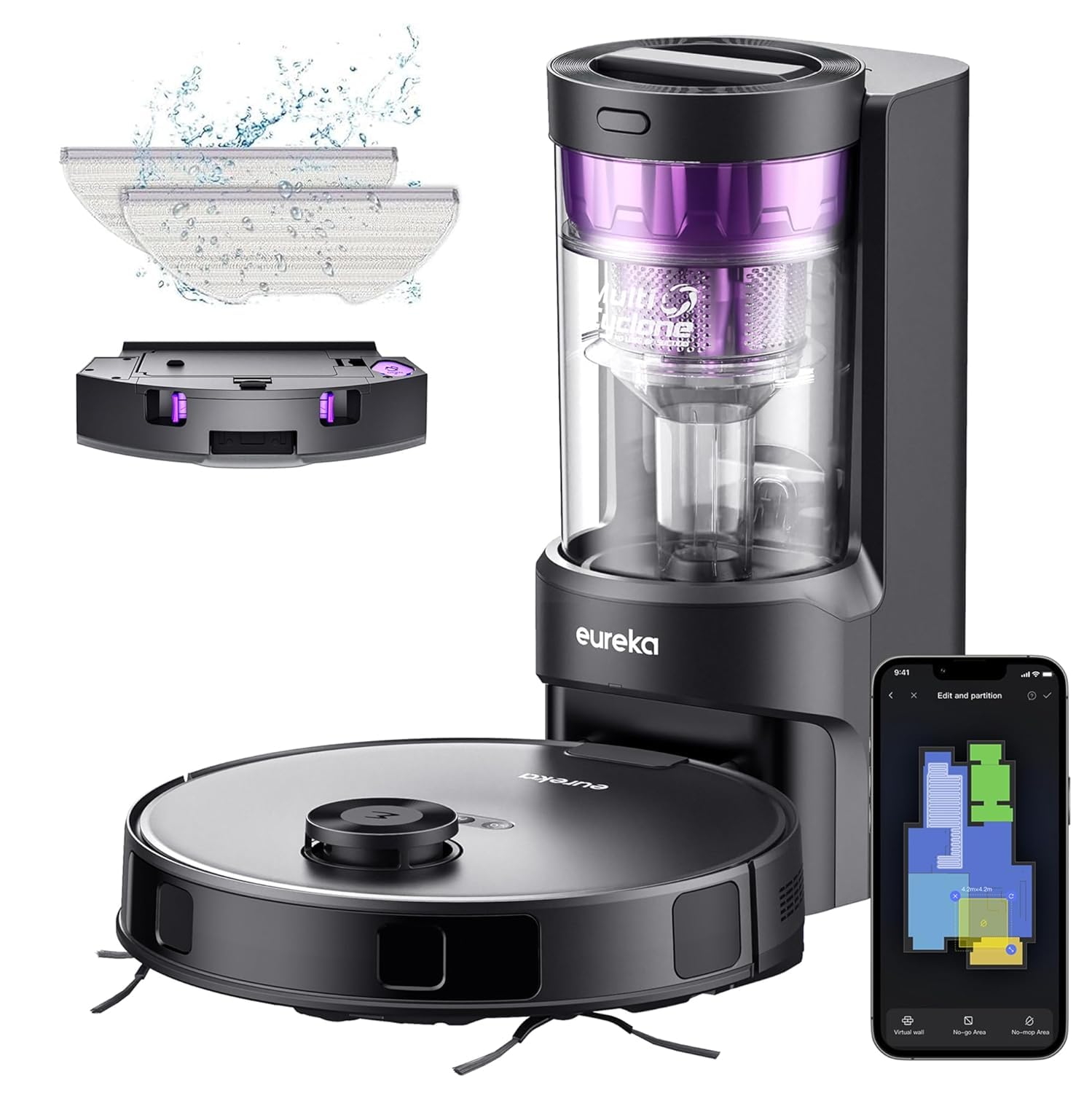 Eureka E10s Robot Vacuum Cleaner with Eco Friendly Station Bagless Automatic Dust-Draining 4000 Pa, 180 Minute Runtime, LiDAR Navigation, Obstacle Avoidance, for Pet Hair