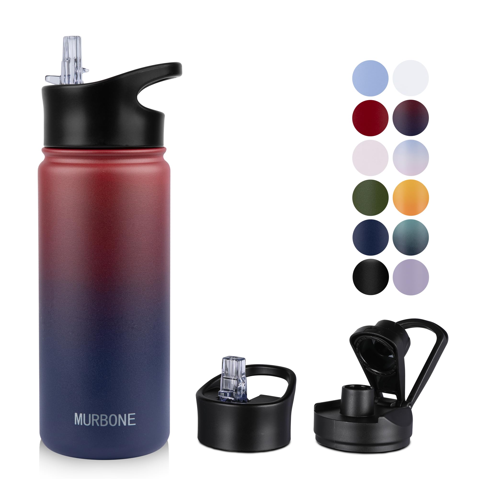 MURBONE Insulated Water Bottle, 500ml Stainless Steel Drink Flask with Straw, BPA Free