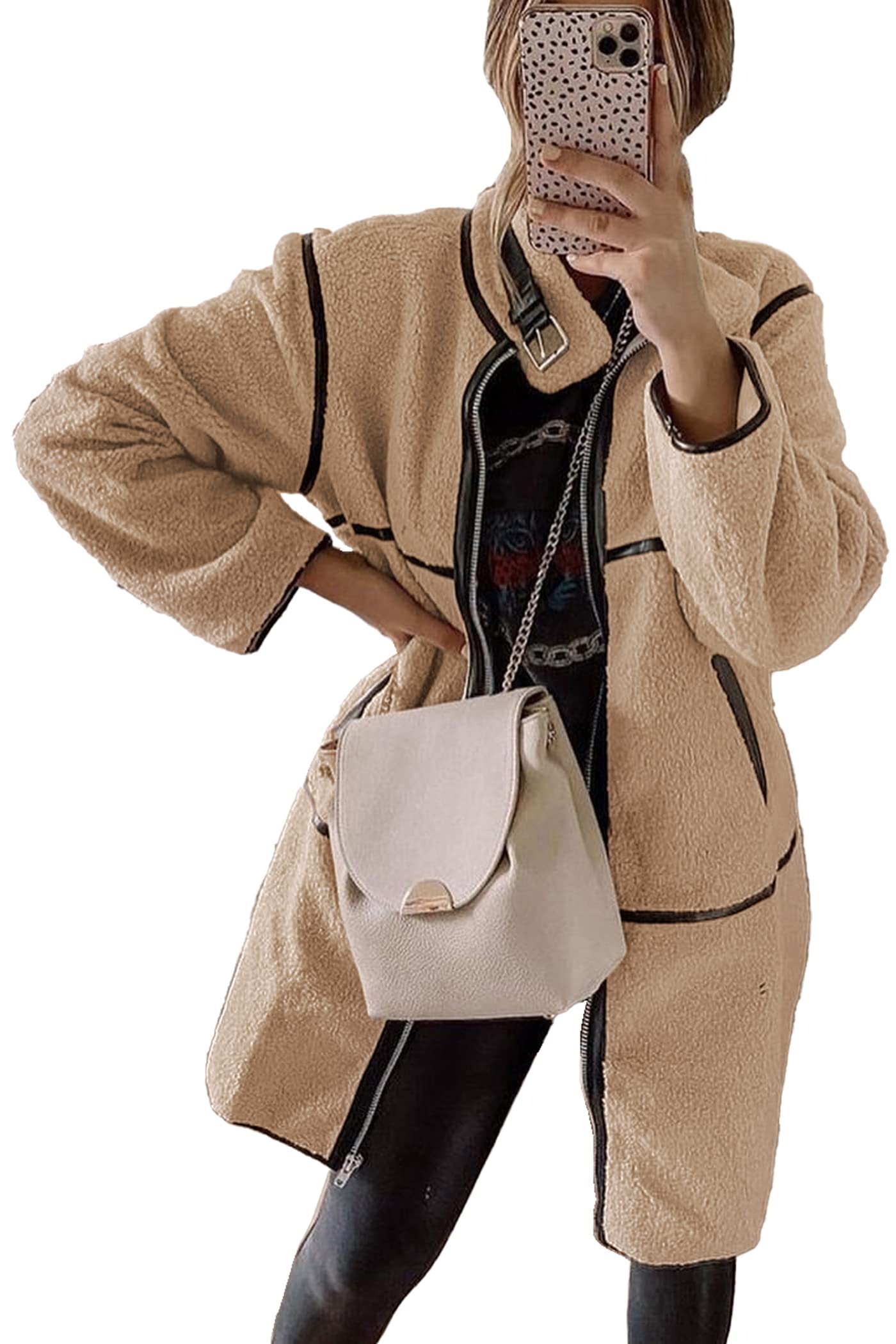 PRETTYGARDENWomens Long Sleeve Lapel Full Zip Fleece Jacket Sherpa Coat