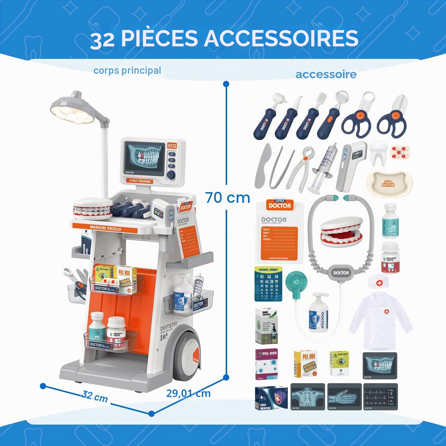Mallette Docteur Enfant,Jouet Docteur avec Chariot 28Pièces Kit du Docteur Médicale Jouet avec Stéthoscope, Thermomètre, Seringue,Jeu d'imitation Cadeau pour Fille Garçon Enfant 3 4 5 6 7 Ans