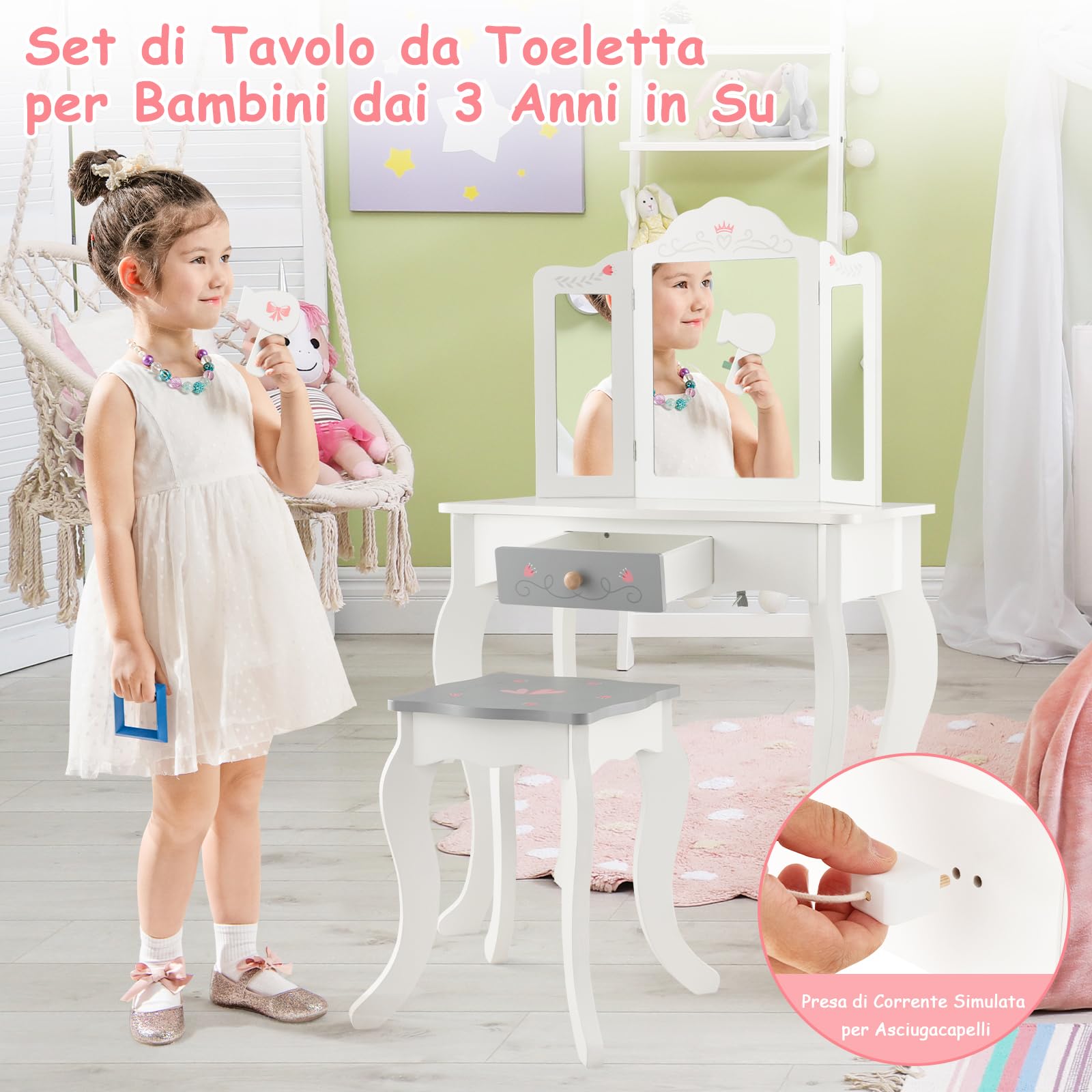 RELAX4LIFE Toeletta Trucco per Bambina, Specchiera Trucco con Sgabello e Accessori da Trucco, Toeletta in Legno, Specchio Rimovibile, per Bambini 3+ Anni (TRIPLO, 34x50x93cm)