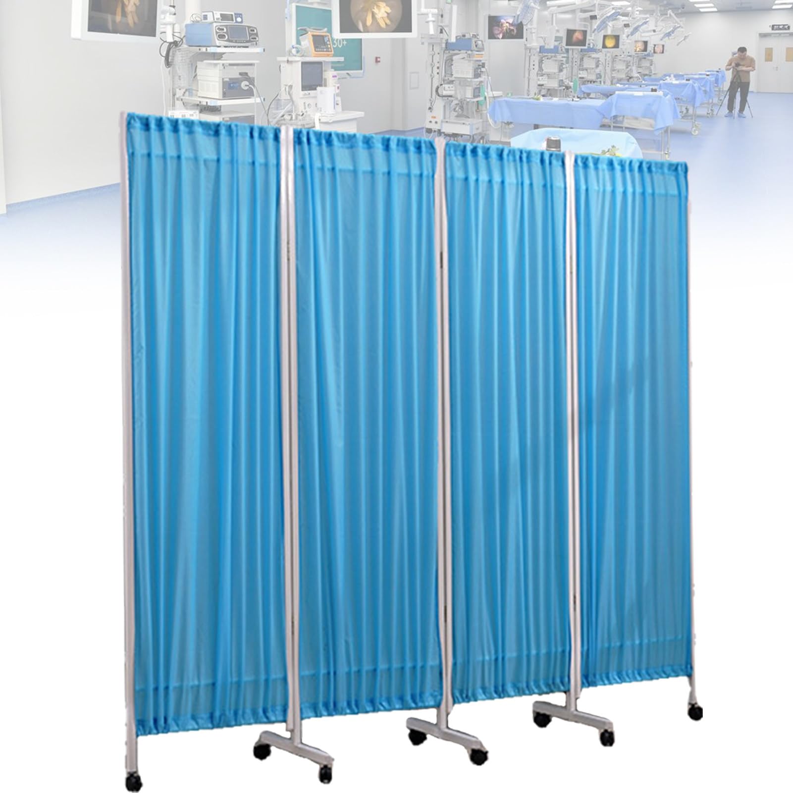 Paravent médical à 4 panneaux bleu cloison mobile pliante sur roulettes pour hôpital