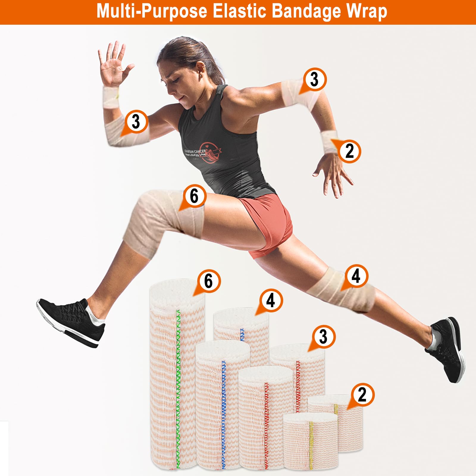 Premium Elastic Bandage Wrap 4 inch 6 Pack Reusable Versatile Compression Wraps for Ankles, Wrists Knee, Tummy and Body Durable and Comfortable Compression Bandage Latex-Free (4” Wide 6 Pack)