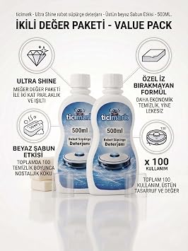 Robot Süpürge Deterjanı, Konsantre, Üstün Beyaz Sabun Kokusu, 2x500ml, 100 Kullanım, Ahşap Laminant Parke Fayans İçin