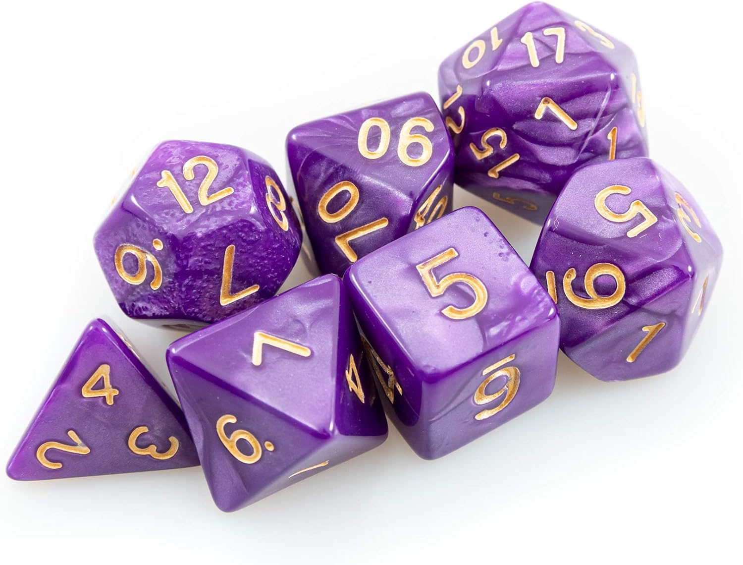 Kit 7 Dados RPG de Mesa D&D Opaco Perolado D4 D6 D8 D10 D10% D12 D20 Cor ROXO ROYAL + 1 Bolsa