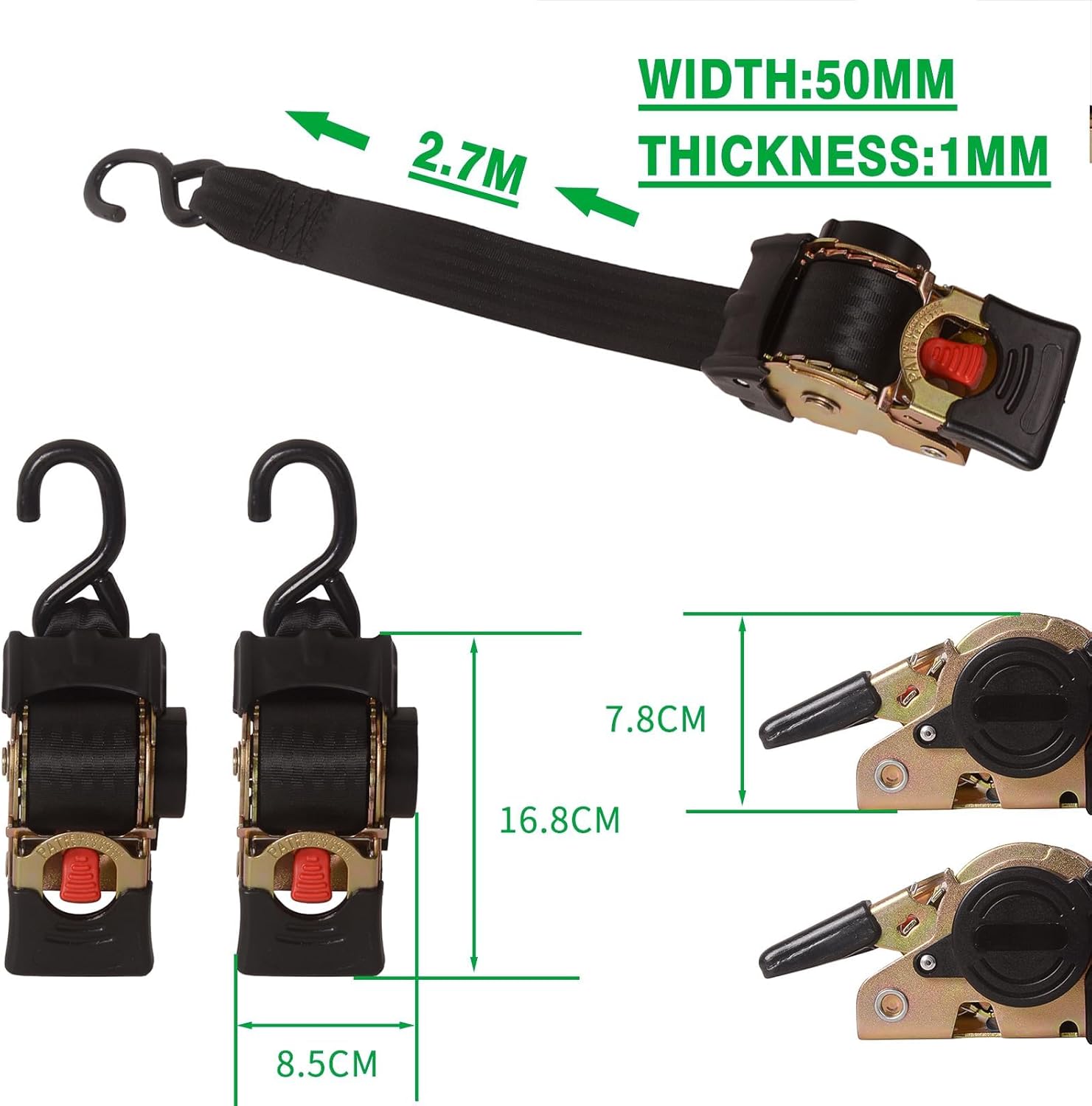 MOTO4U 2PCS Bolt-On Retractable Ratchet Straps Heavy Duty Transom Tie Down for Boat ATV Trailers (2" x 9') With Extension & Bolt Set - 3000LBS/1360KG