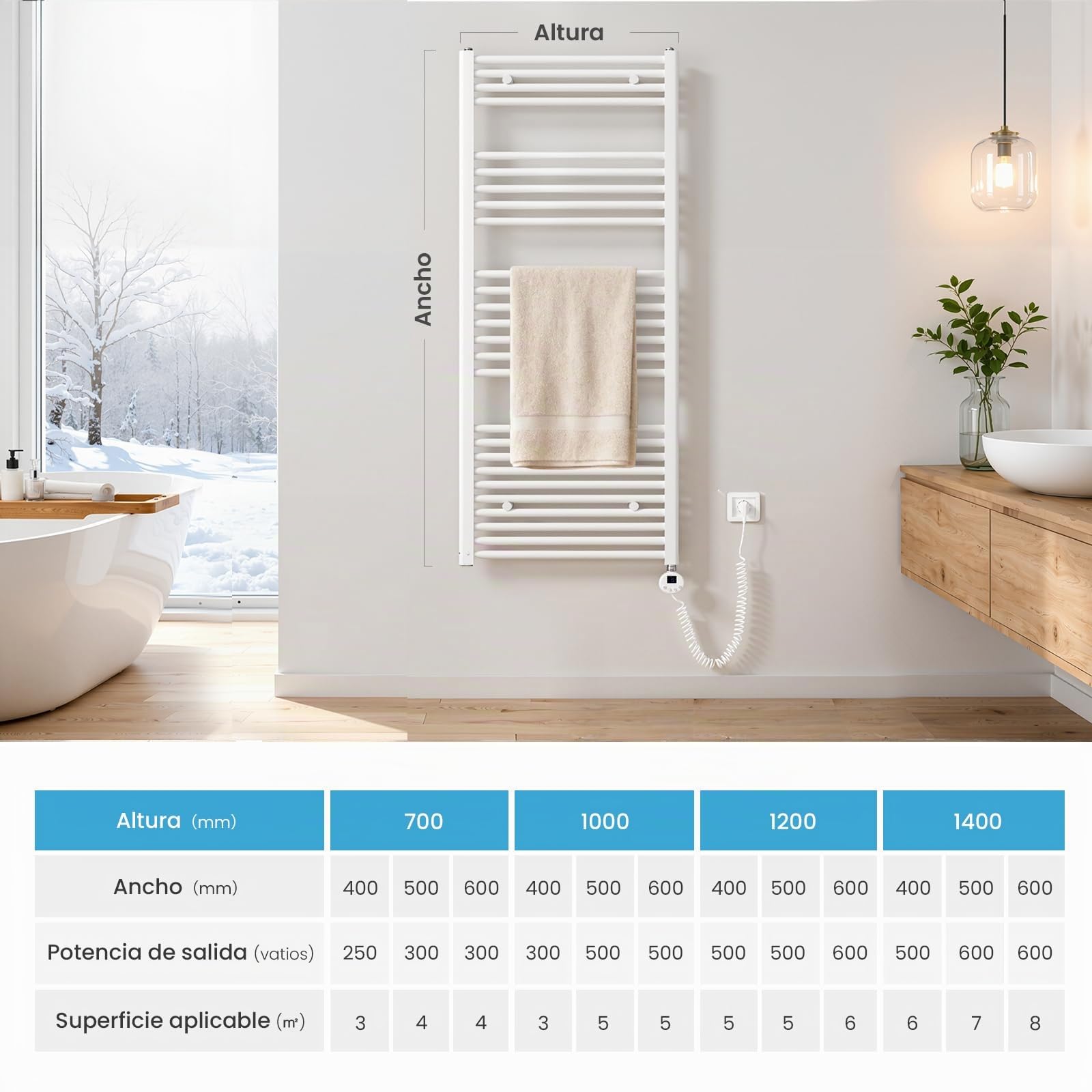 Heilmetz Radiador Toallero Eléctrico 100x40 cm con WiFi, Secatoallas Inteligente con Control por App Tuya, Termostato Programable y Temporizador, Blanco 300W