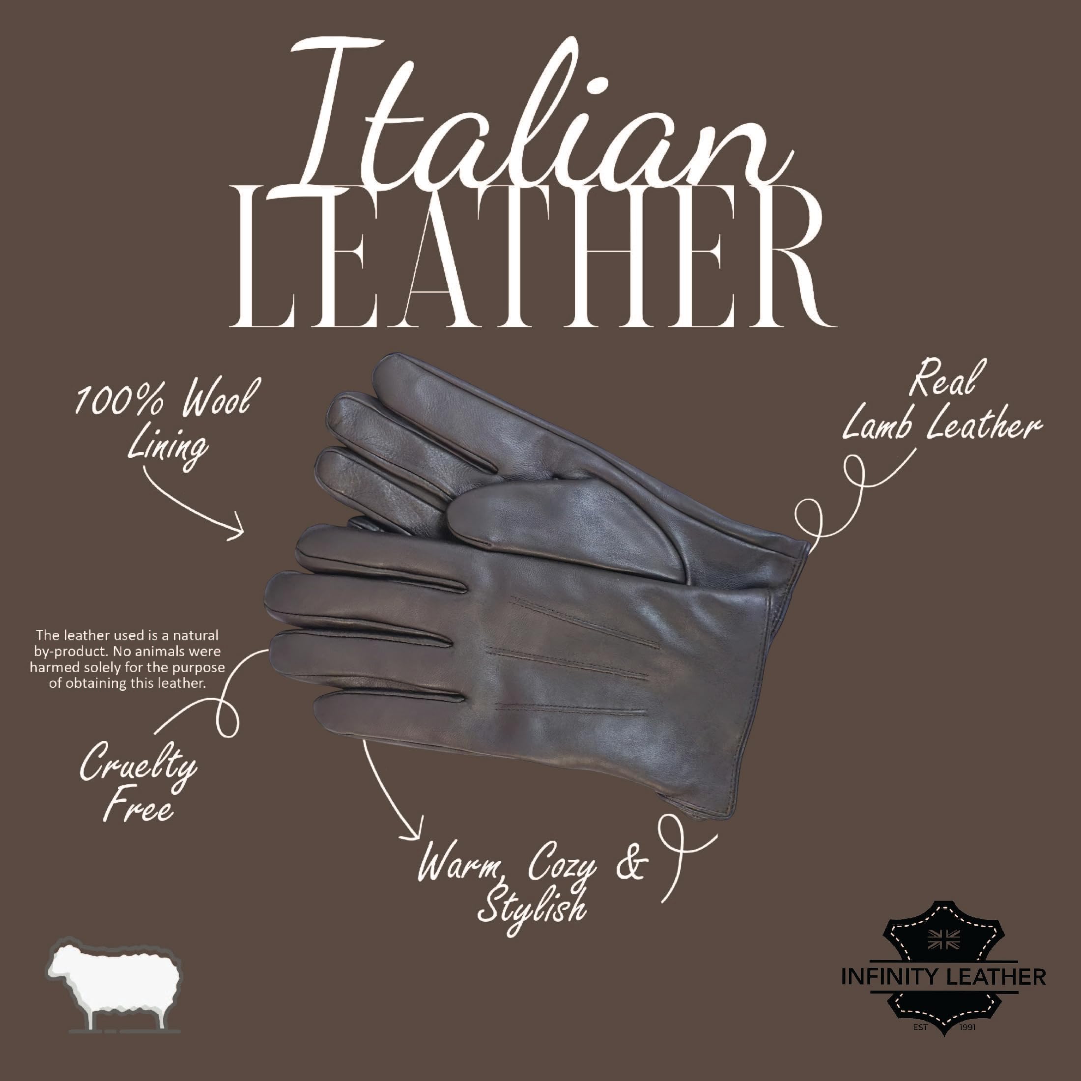 Infinity Leather Guantes de Conducción de Cuero Italiano Hombre: Piel Auténtica Suave, Forro de Lana Calido, Compatibles con Pantallas Táctiles