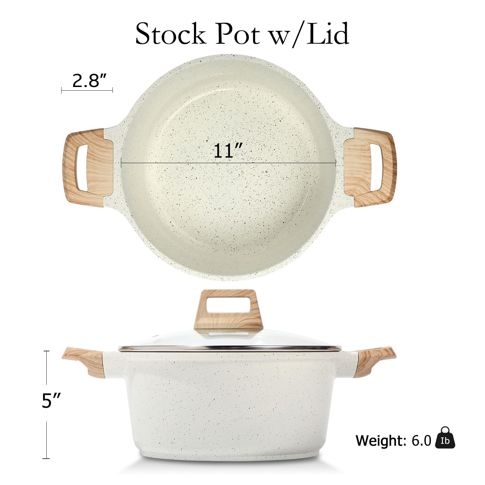 ESLITE LIFE Pentola antiaderente con coperchio, in granito da 7 litri, grande, per zuppa, pasta, compatibile con induzione, senza PTFE e PFOA, bianco