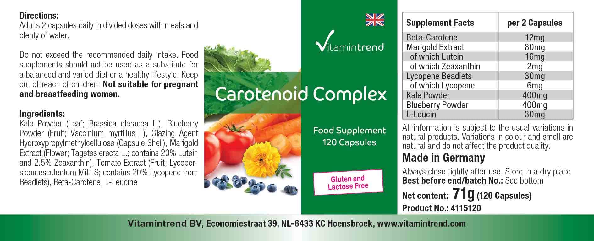 Vitamintrend Complesso di carotenoidi, 120 capsule, facili da deglutire, carotenoidi naturali, integratore alimentare vegano senza stearato di magnesio, prodotto in Germania