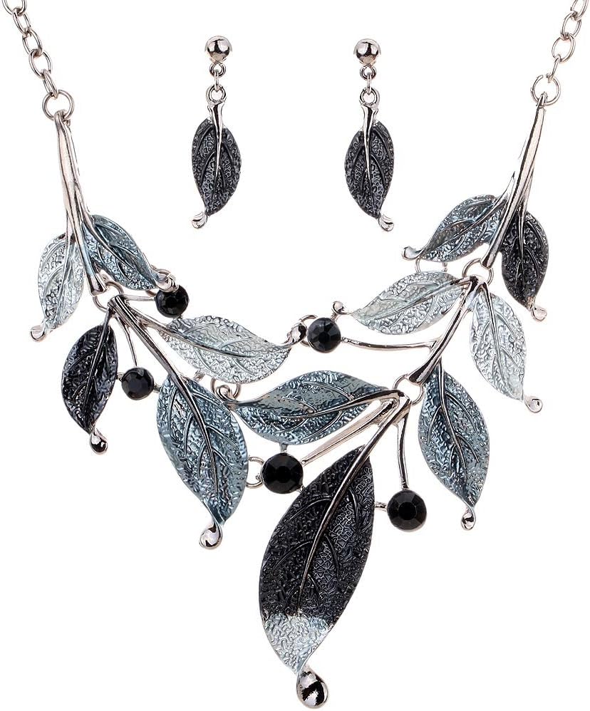 YAZILIND Vintage Design Tibetan Silver Gray Bleak Leaf Branch Crystal Chunky Bib Earrings Necklace Jewelry Set for Women Wedding Party