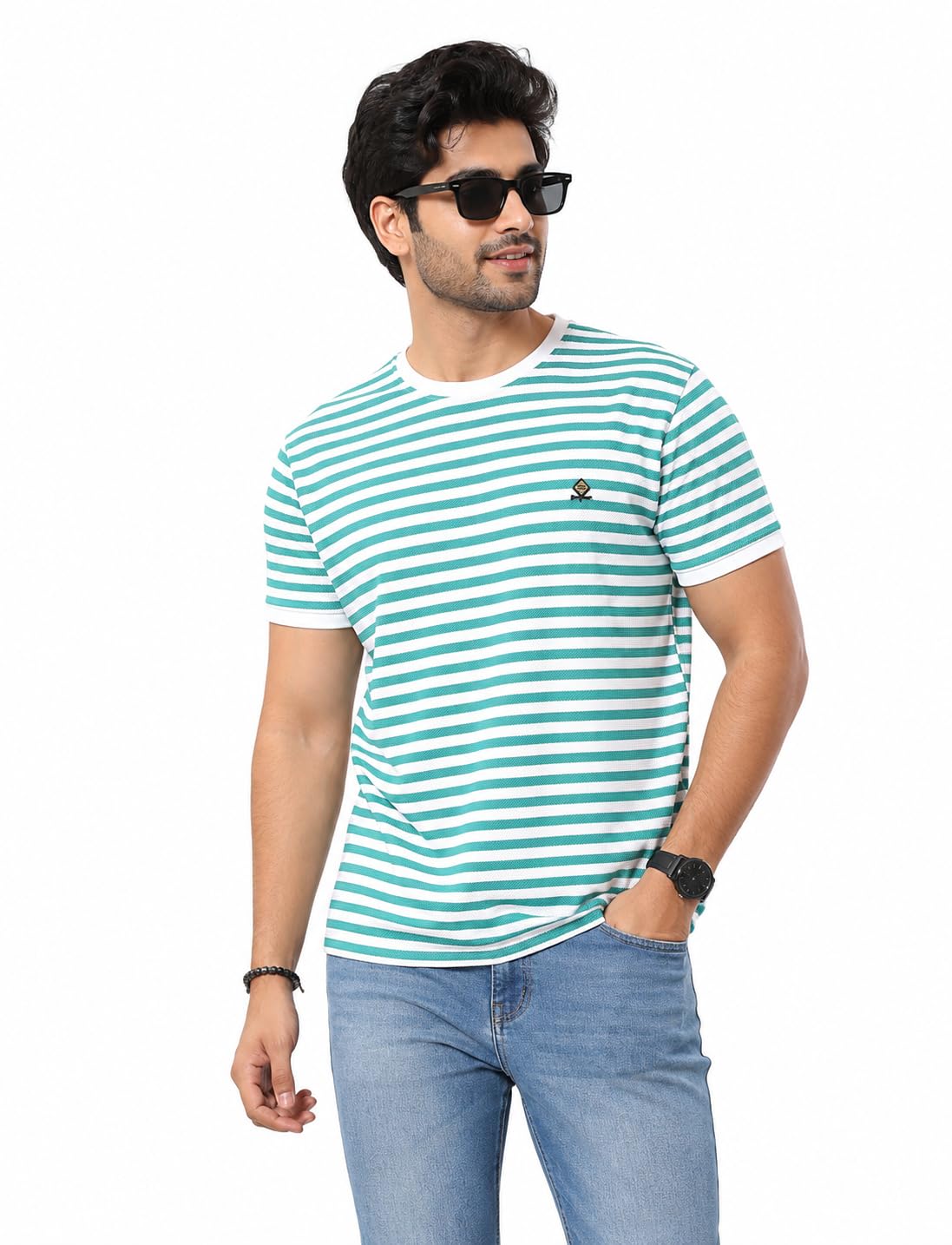 Janasya Men's 100% Cotton Striped T-Shirt, 220 GSM Zig Zag Knit, Round Neck Half Sleeve, Regular Fit, Soft Breathable Casual Summer Wear, Firozi White, M-XXL in white